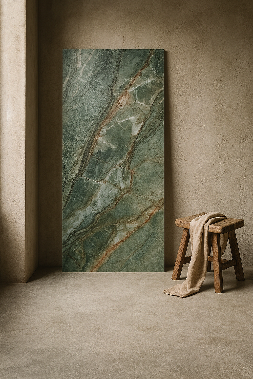 Wanderer by plonc. — authored porcelain surface featuring pronounced geological relief with layered mineral greens, graphite, white and restrained rust tones inspired by weathered Australian landscapes.