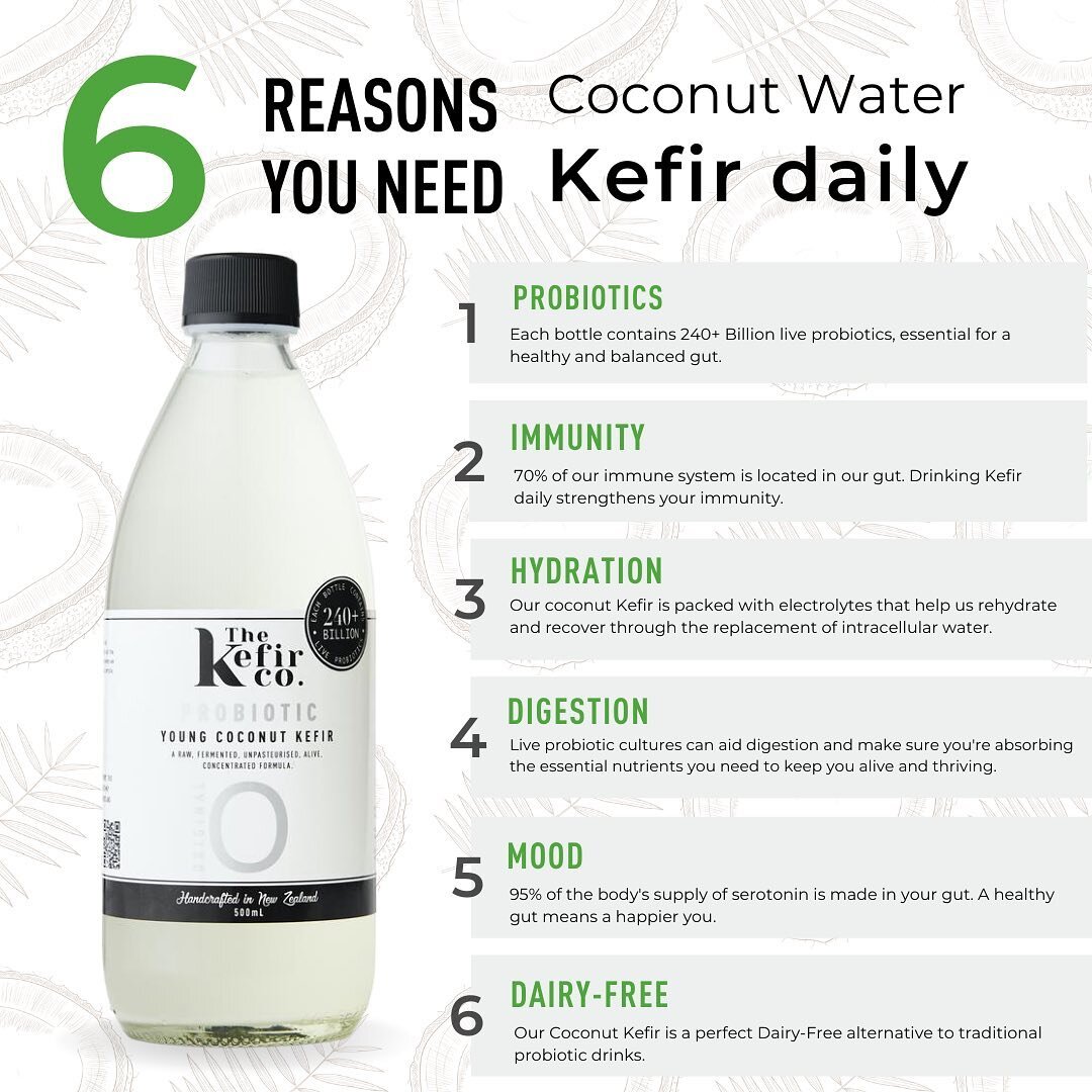 1) Rehydrating 
The coconut water in our Kefir is packed with electrolytes that help us rehydrate and recover through the replacement of intracellular water. 
2) Probiotics. Each bottle contains 240+ Billion live probiotics, essential for a healthy a