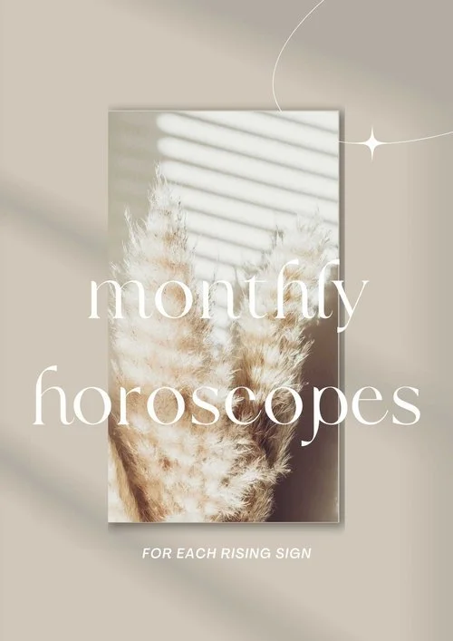 Cover of a book titled 'Monthly Horoscopes for Each Rising Sign' with a background of pampas grass and window blinds casting striped shadows.