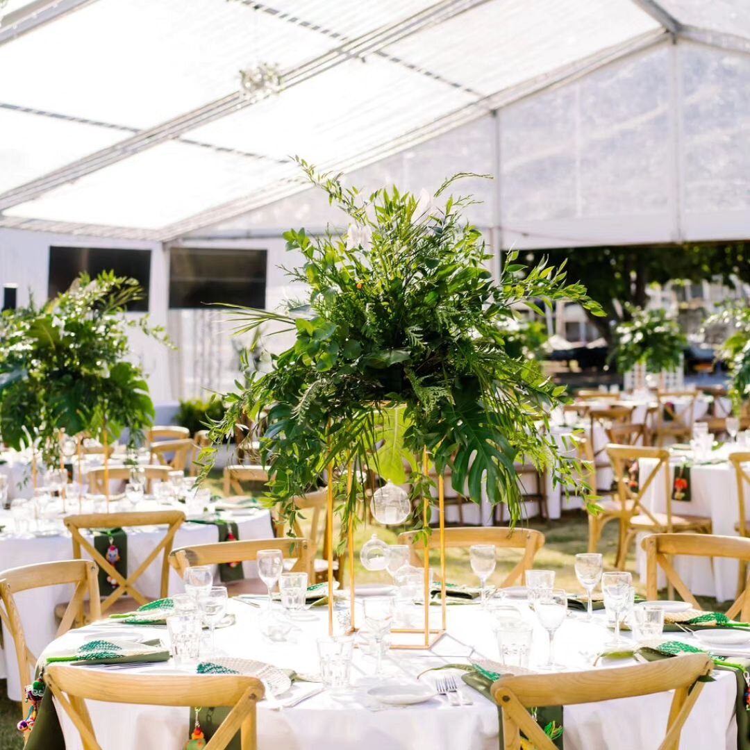 I just love this simple yet elegant look with Tall greenery arrangements . Timeless and classic adds some colour into our marquees. 

@photographybyemmapointon 
@mountsbaysailingclub