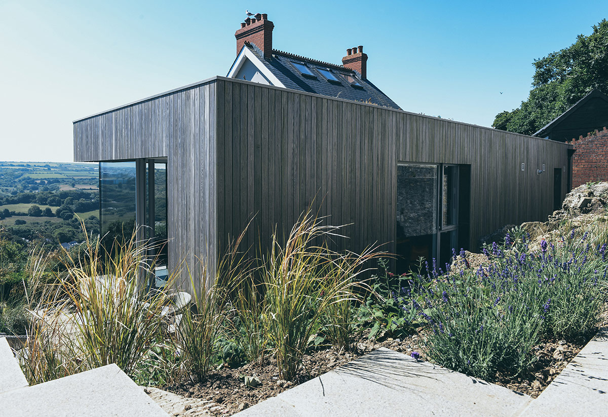 Exterior of garden pavilion extension and renovation of Victorian terraced house Arosfa with countryside views