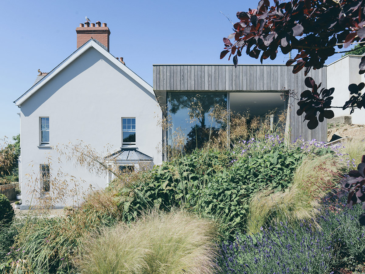 Exterior of garden pavilion extension and renovation of Victorian terraced house Arosfa with countryside views