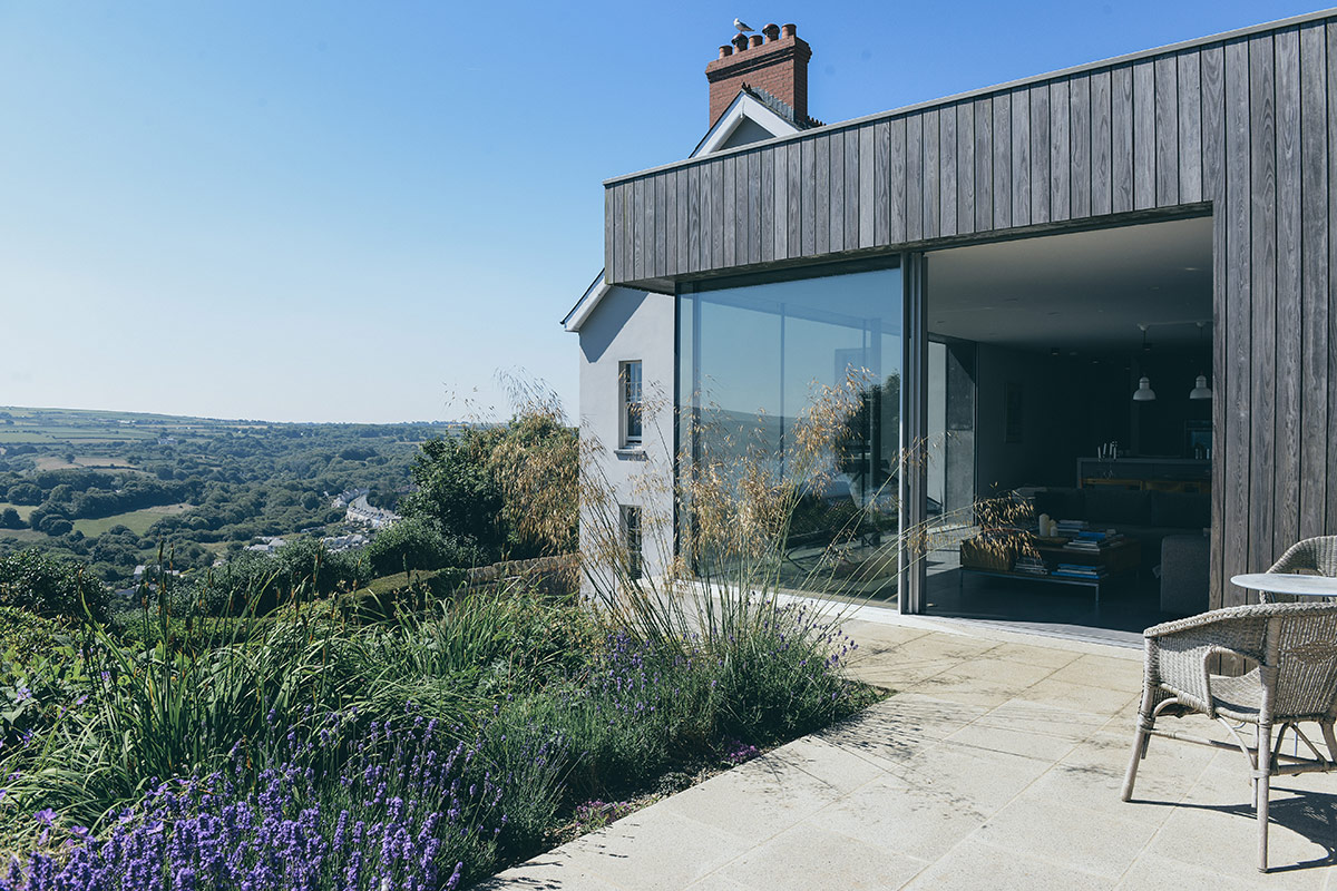 Exterior of garden pavilion extension and renovation of Victorian terraced house Arosfa with countryside views