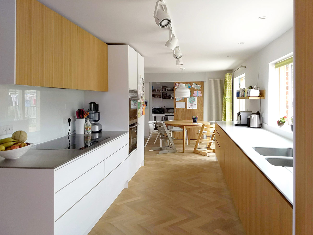 Kitchen of remodelling and refurbishment of a detached 1960s house in Lymington, Hampshire