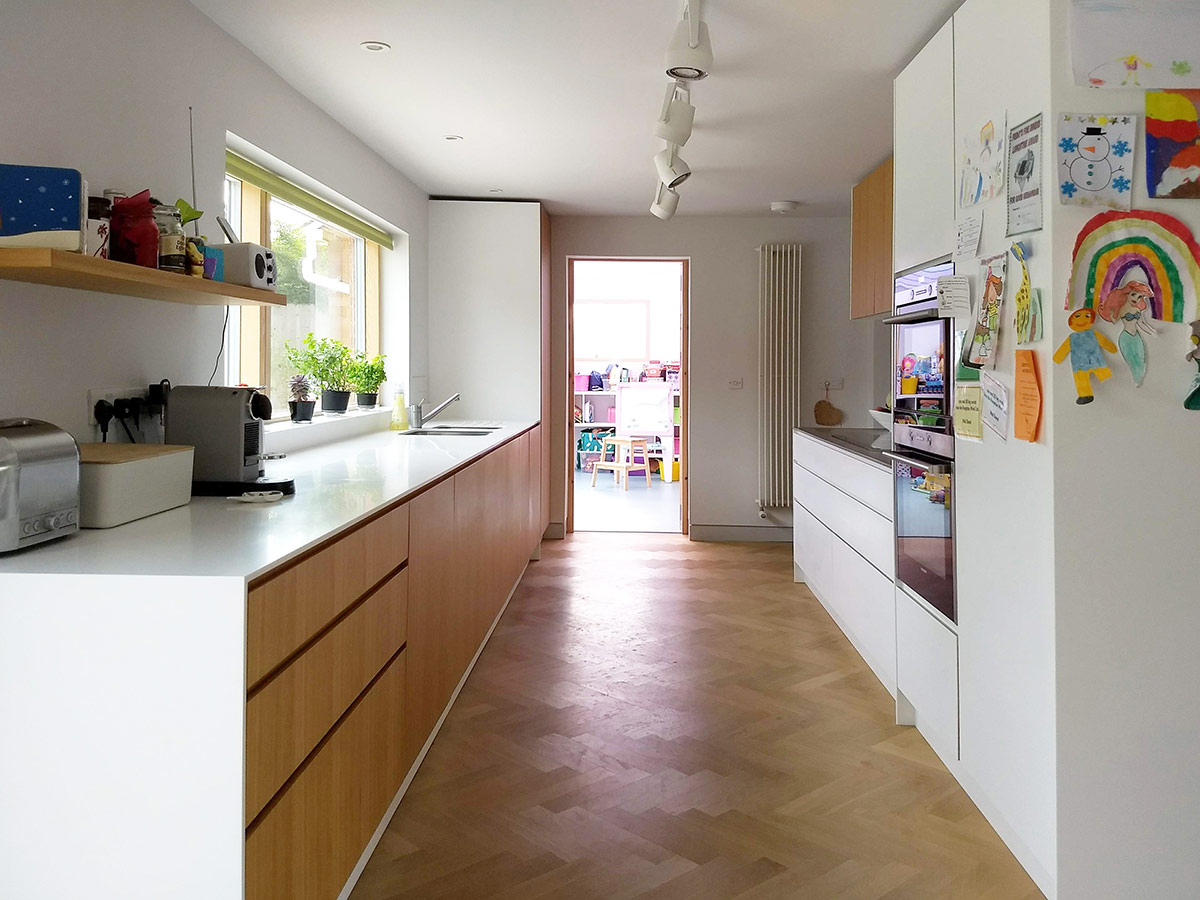 Kitchen of remodelling and refurbishment of a detached 1960s house in Lymington, Hampshire