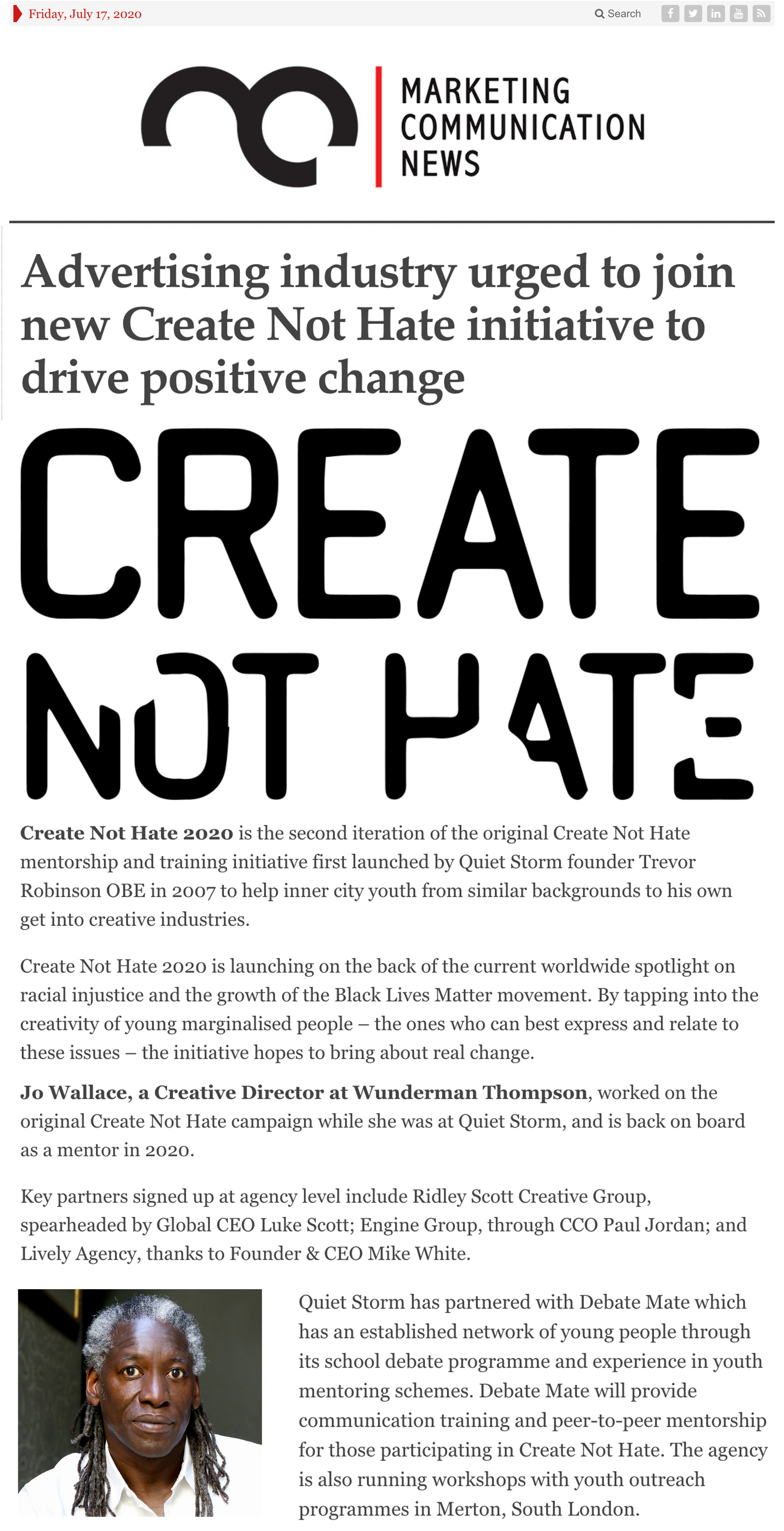 Having been part of the original Create Not Hate team, alongside Trevor Robinson in 2007, I’m once again involved in the latest incarnation as a mentor.