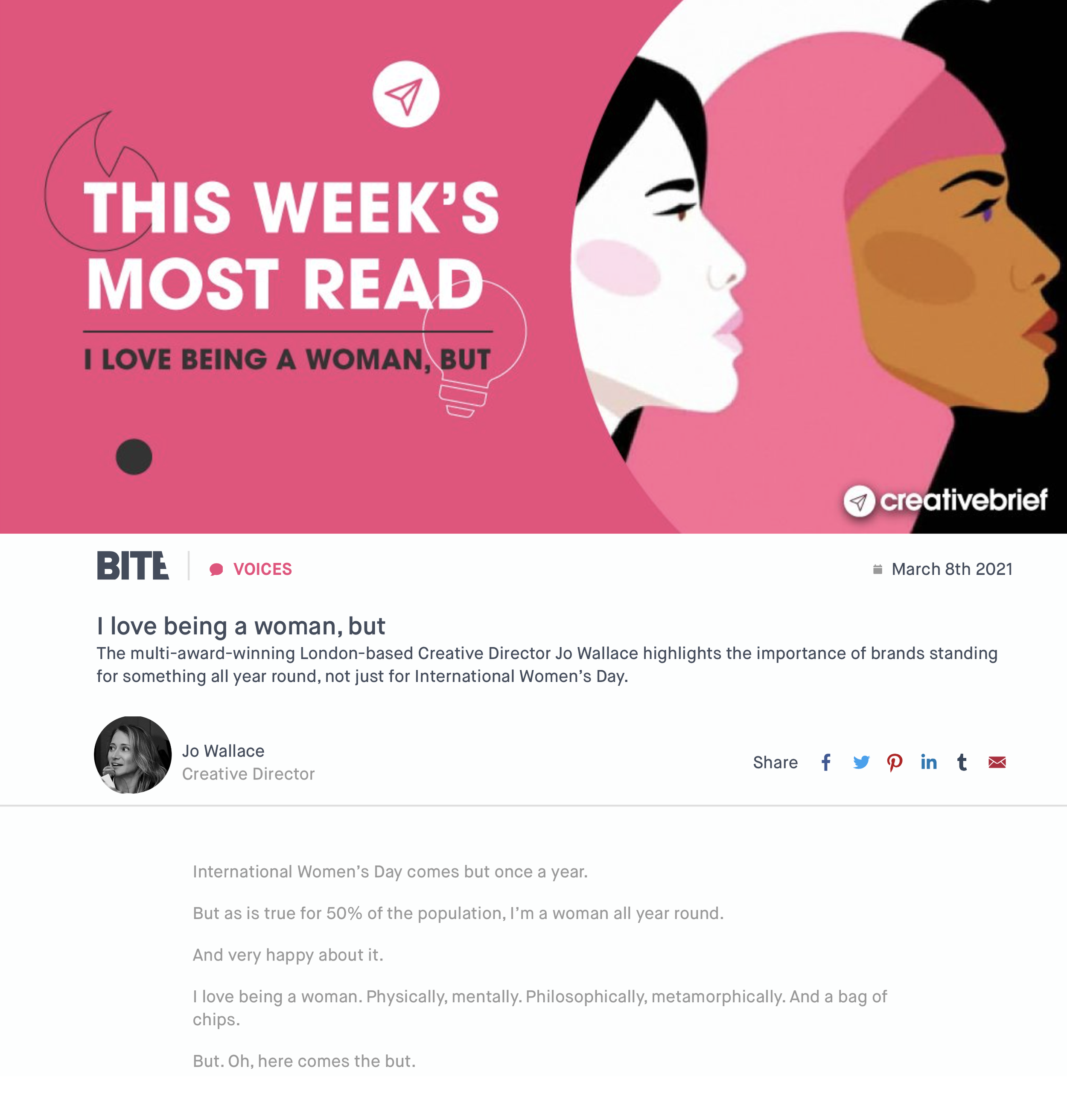 I wrote this piece, published by Creative Brief on International Women’s Day, and it was the most read content that week. Full article here.