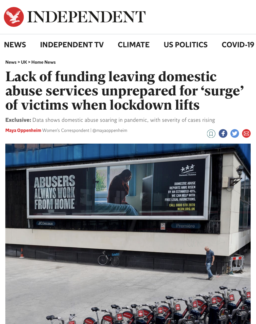 In March 2021, the Independent used an image of our NCDV campaign (live since June 2020) to illustrate the crisis around domestic abuse following lockdown. Full article here.