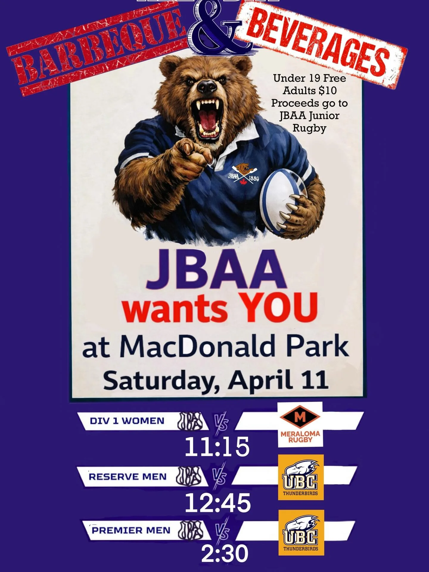 With it being a family day bye this weekend, we want to inform everyone about an upcoming event!

JBAA welcomes all club members, sponsors, alumni, supporters, and community members to join us at MacDonald Park on April 11th for a day of rugby and co