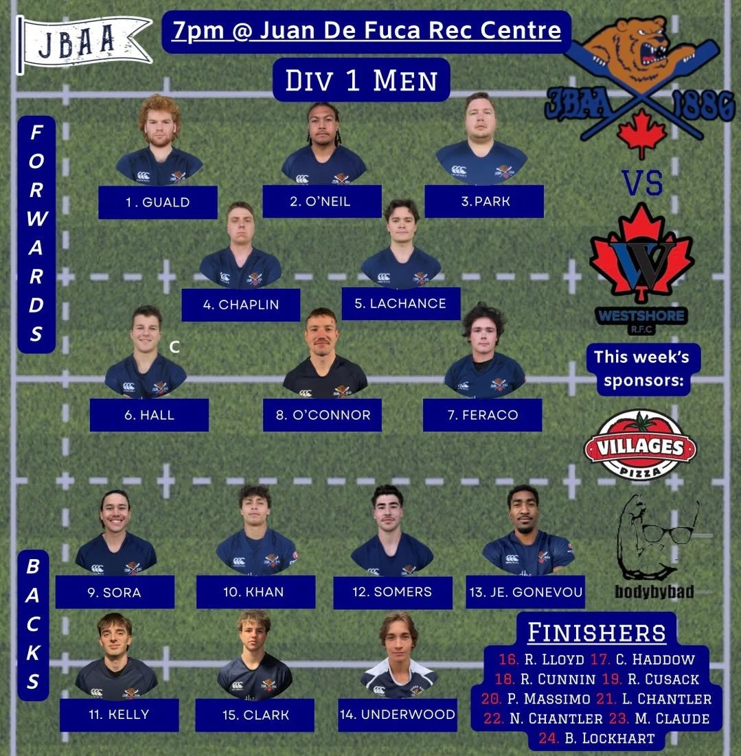 LINEUP ALERT!! Thursday night edition! 

Heres how the div 1 men look for their game against Westshore tomorrow night! Get one day and cheer us on before the long weekend starts! 

#huddyhuddy #cantstopthebear
 #wedecide #bang @bcrugbyunion