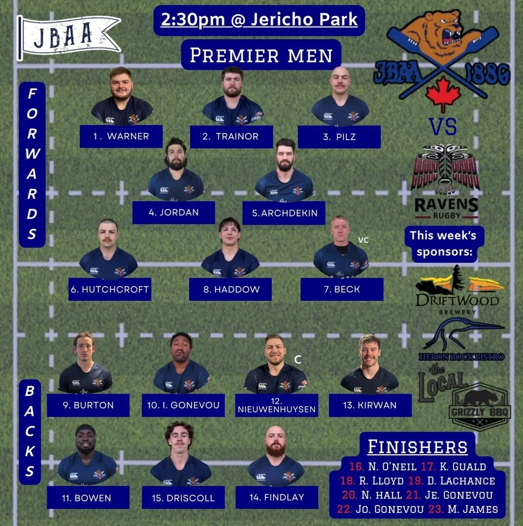 SEMI FINALS LINEUP ALERT!!! 

Here&rsquo;s how the premier men look going into the provincial semi final tomorrow at Jericho beach park against the ravens! 
**The game will be live streamed on @bcrugbyunion YouTube page!**

#huddyhuddy #cantstopthebe