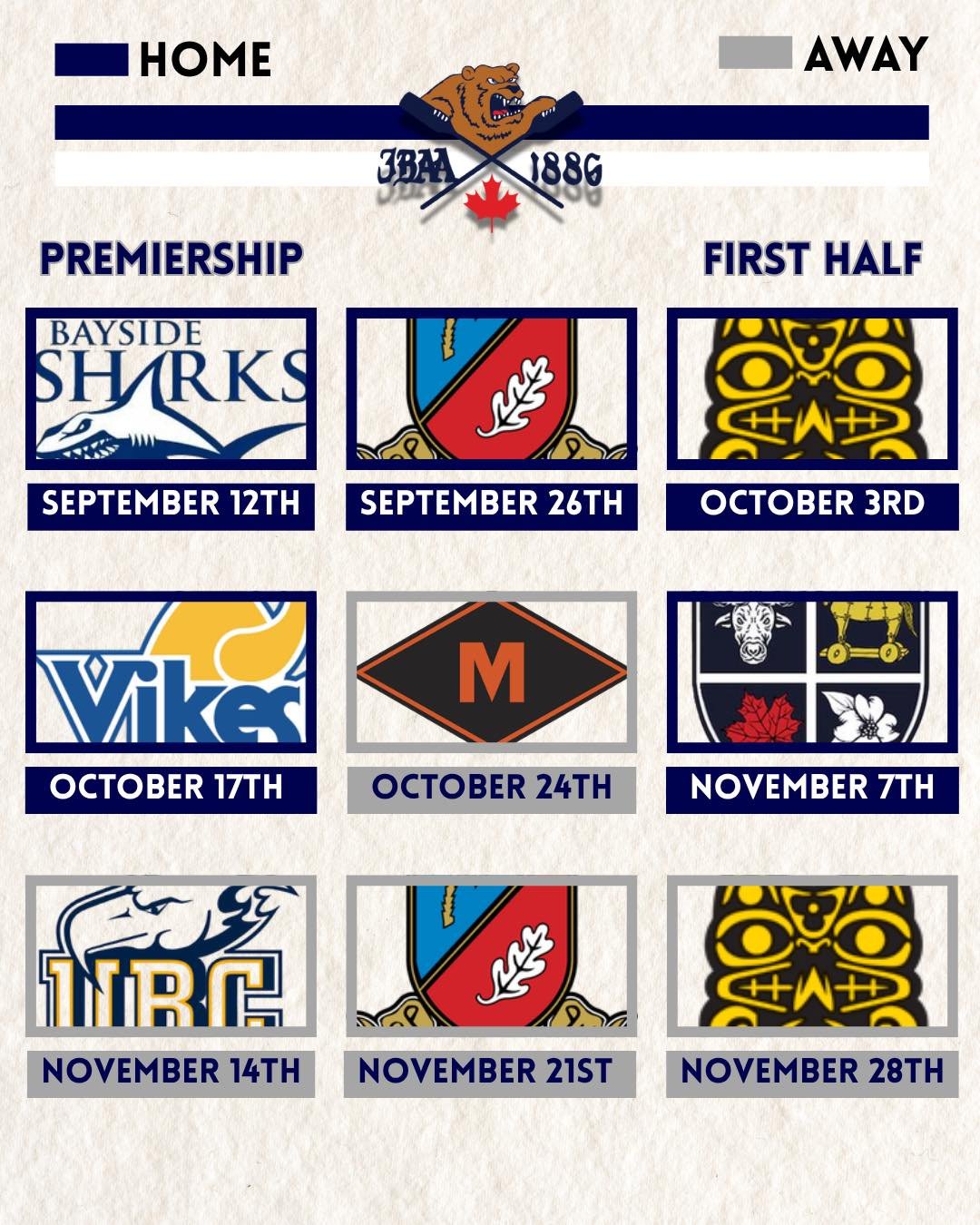 It&rsquo;s Time!

The season is just around the corner and Men&rsquo;s Premiership Schedule is out!

- We welcome Bayside back to the Prem in the first week of play

- The Hundred Years War continues on the 26th of September at the Mac 

- Ending the