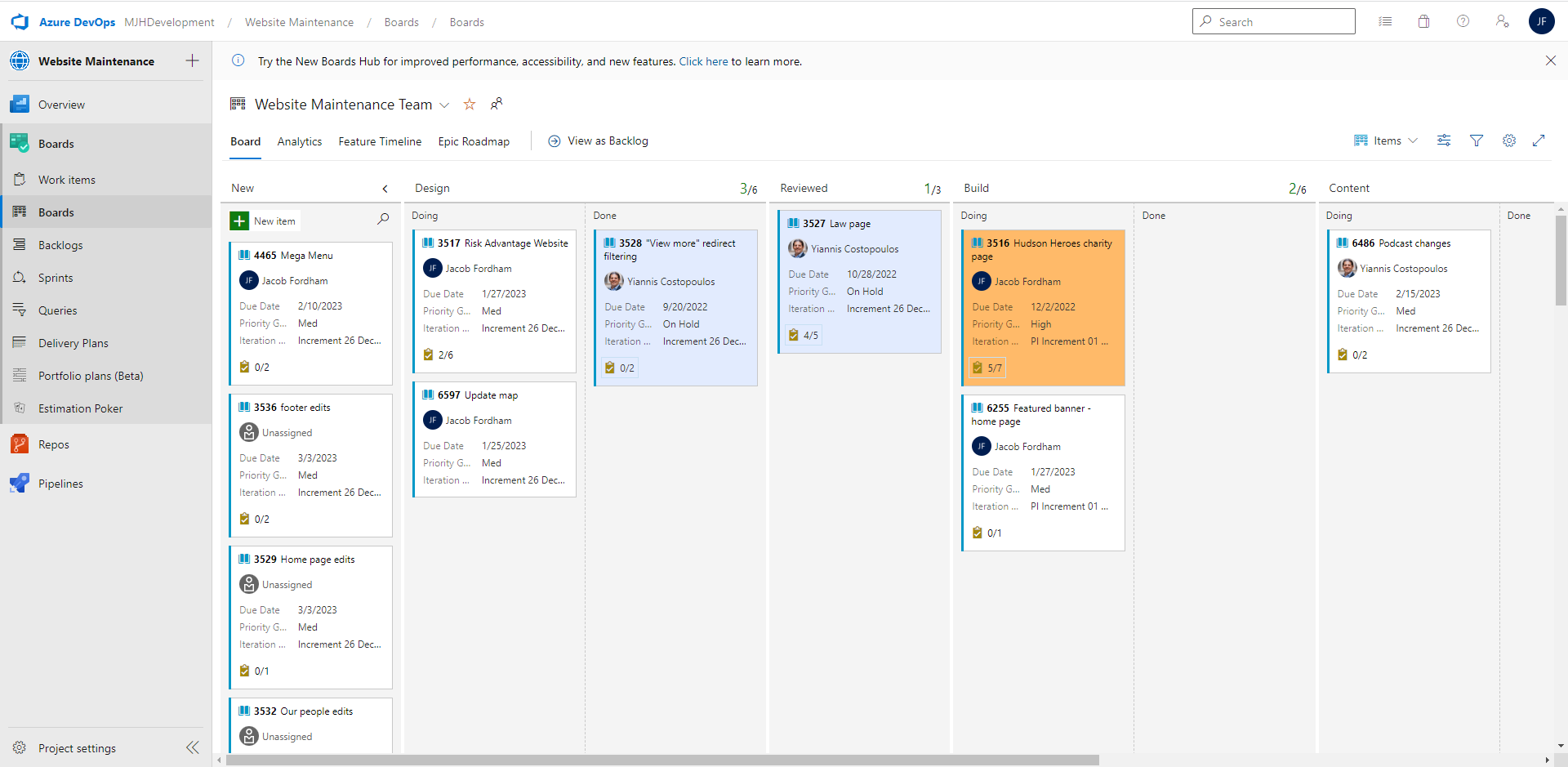 Azure project managing dashboard