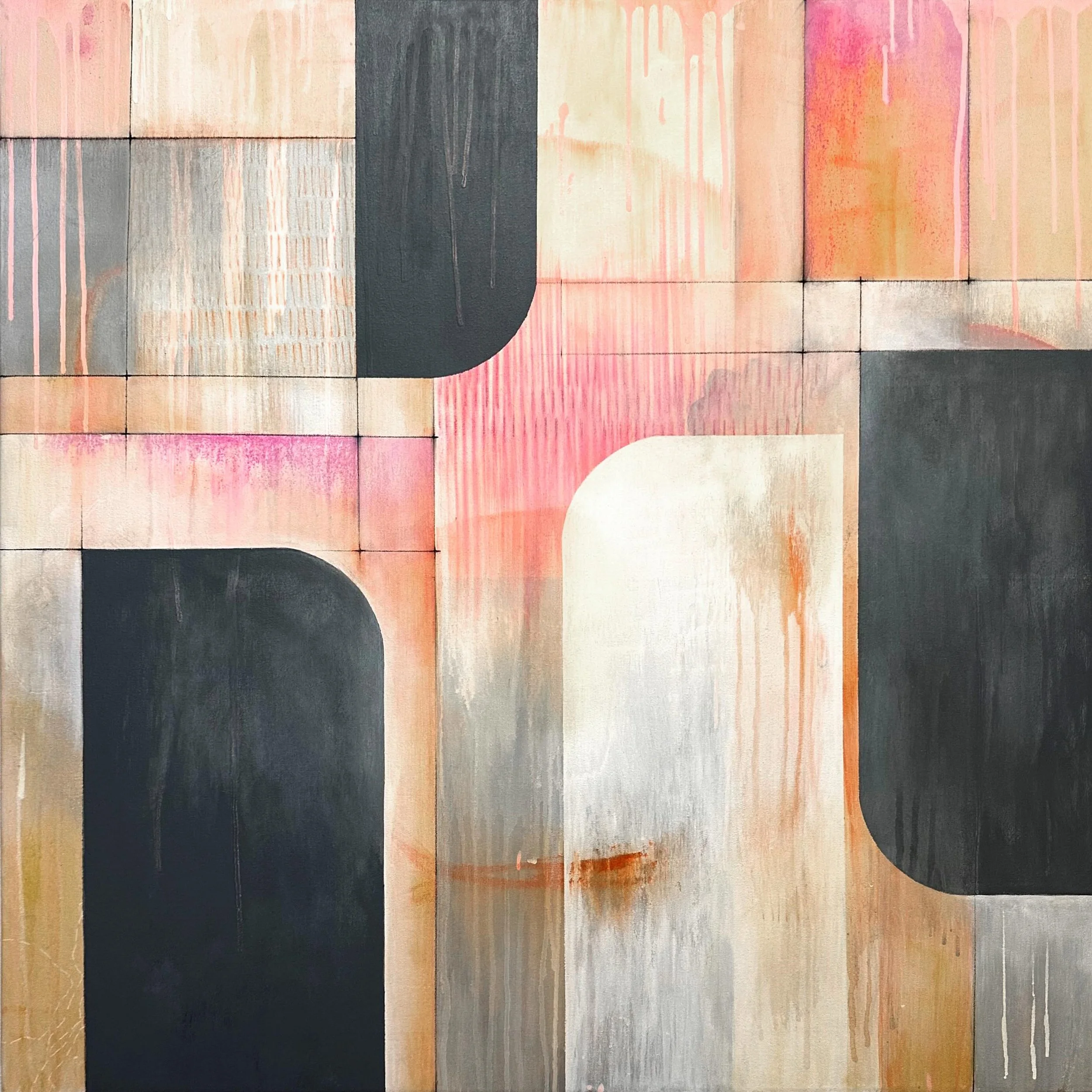 Swipe to see where this painting started. I don&rsquo;t always document the process, but sometimes I want to remember the layers hiding underneath, and what I chose to keep or cover in the end.
 
This is one of two 36x36&rdquo; paintings from this se