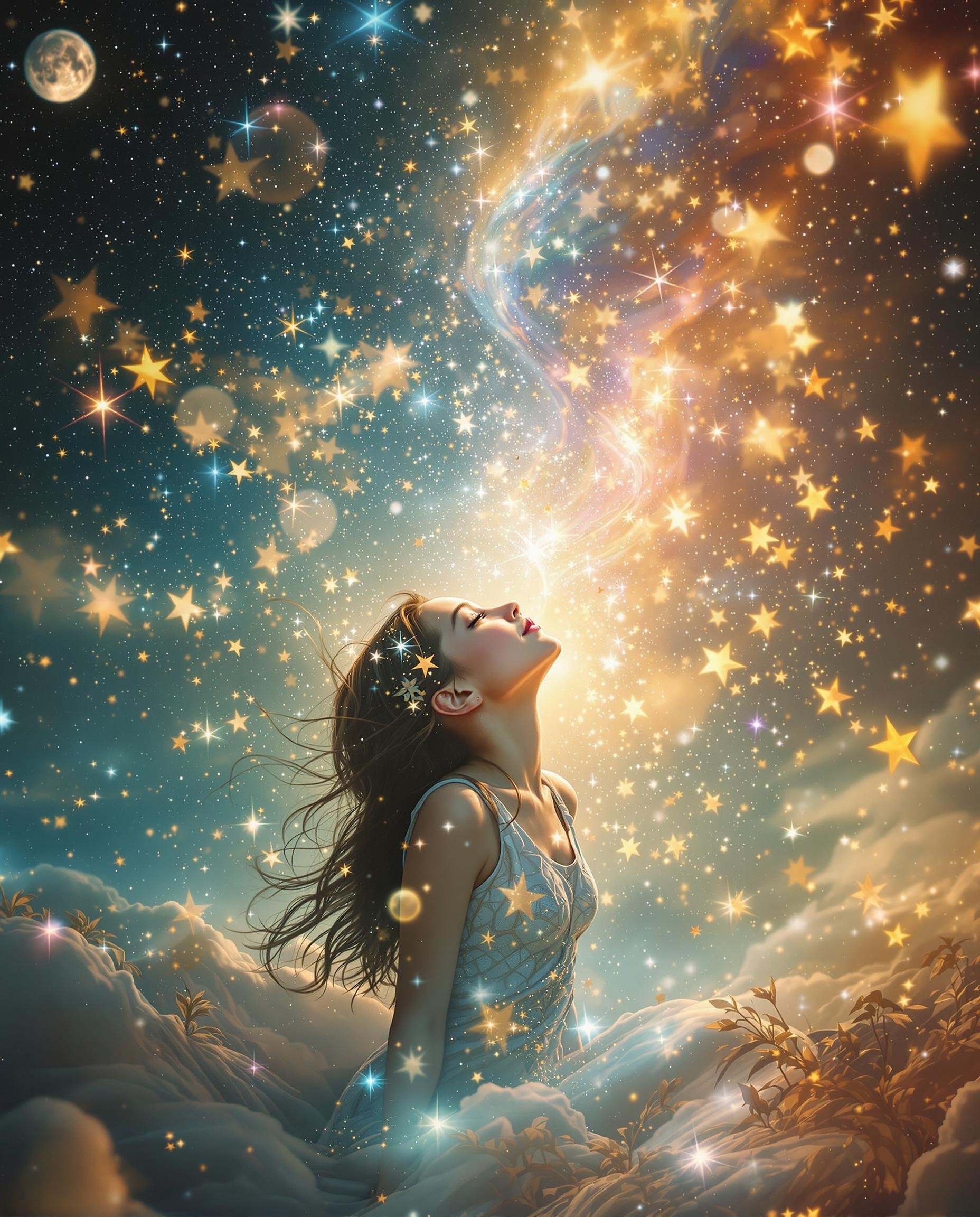 Photo of the starry sky with a lady sitting with her eyes closed and head lifted pointed to the sky, looking zen and serene