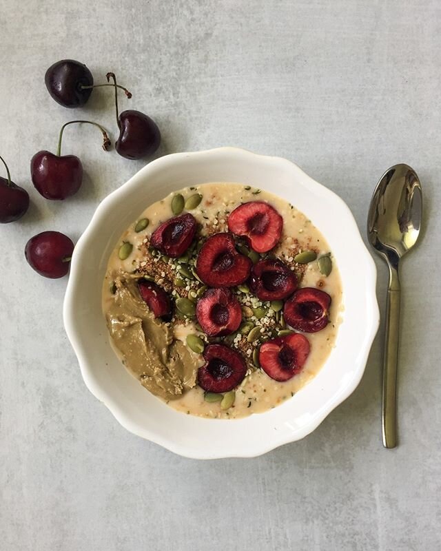 Trying something different yet again this morning! @silk coconut yogurt with a little scoop of @ancientnutrition vanilla bone broth protein mixed in. Add any toppings you want! I used:⠀
⠀
- fresh cherries 🍒⠀
- ground flaxseed and pumpkin seeds (I&rs