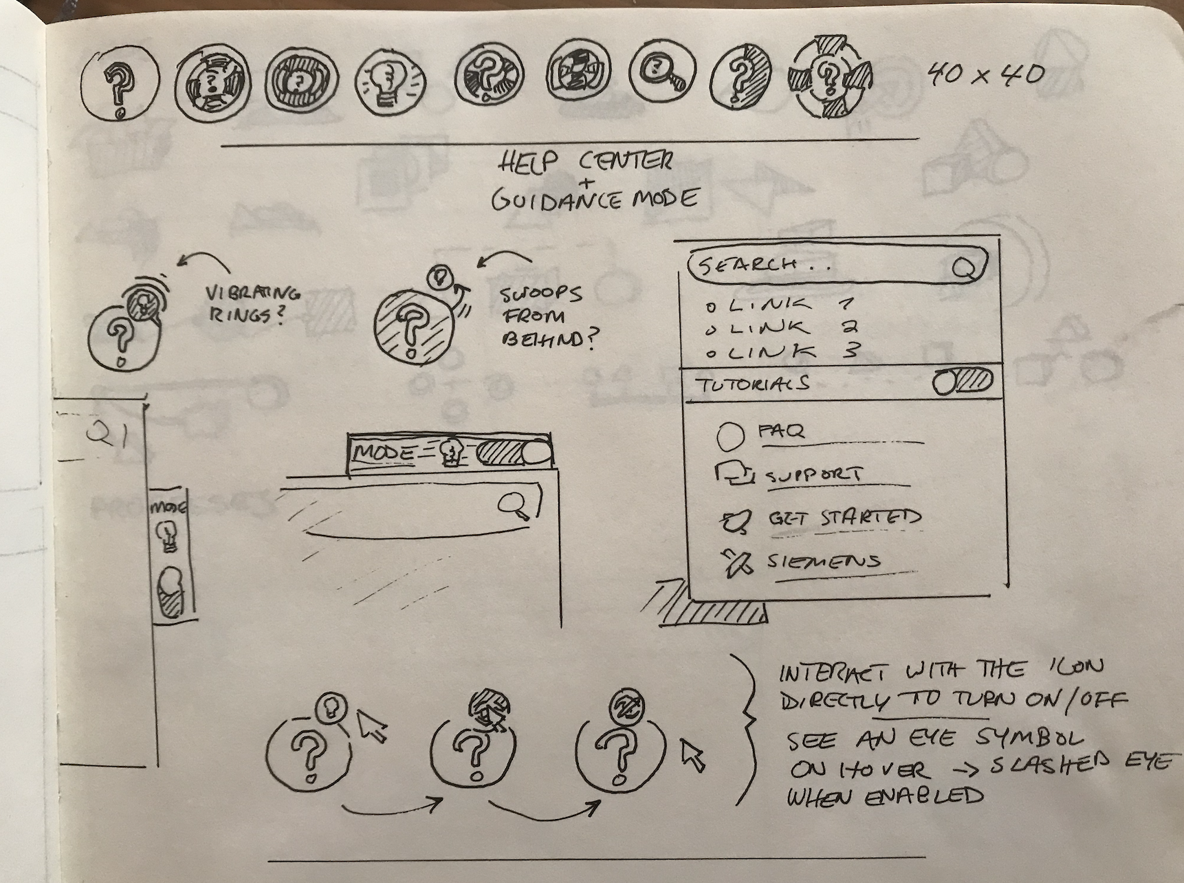 Initial hand-drawn concepts for Help Center.