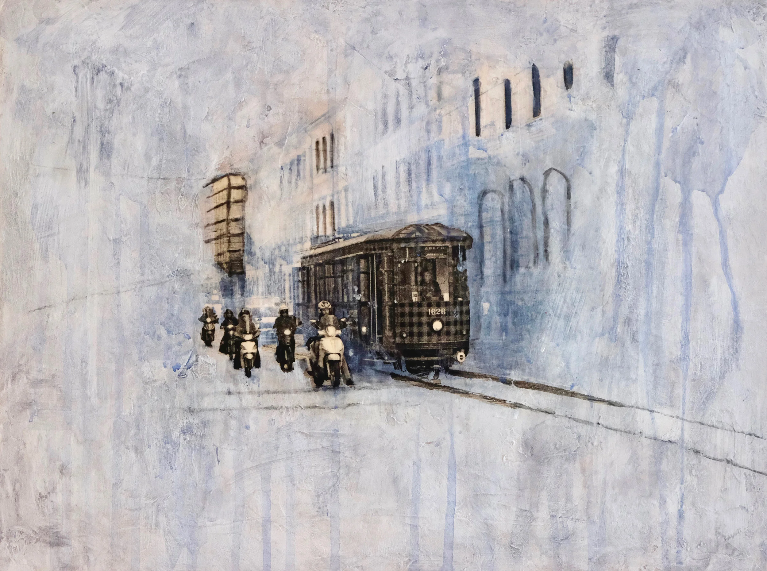 Milano II , 2019, photo transfer, acrylic and charcoal on cradled hardboard, 12x16 inches