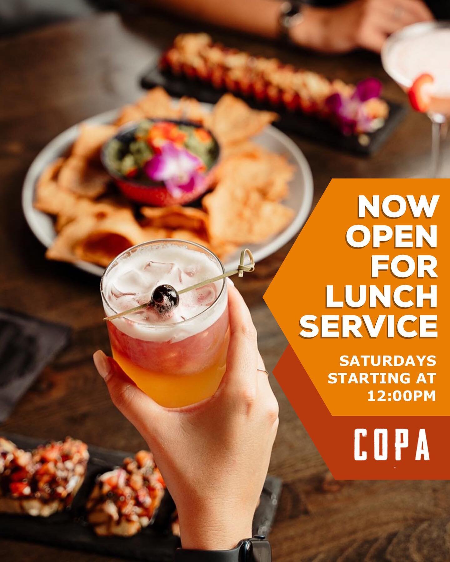 Same great service, tapas and cocktails! 💃🏽
Now Earlier! Join us for lunch every Saturday starting at 12:00 NOON!

#copadtsp #copa #copaamor