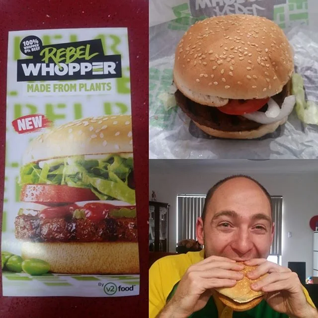 RANDOM POST
So something a little different I went to @hungryjacksau today to try their #rebelwhopper by @v2foodofficial 
I must say I am very impressed. It was a great tasting burger that did taste like meat.
Now full disclosure - the patty did not taste like the meat patty but it did taste like meat, just slightly different. In fact...I think I prefer it.
I was skeptical but call me convinced. I would like to see more of this at other fast food places. If it taste like meat & is better for the environment and sustainable farming I am all for this! 😊🍔