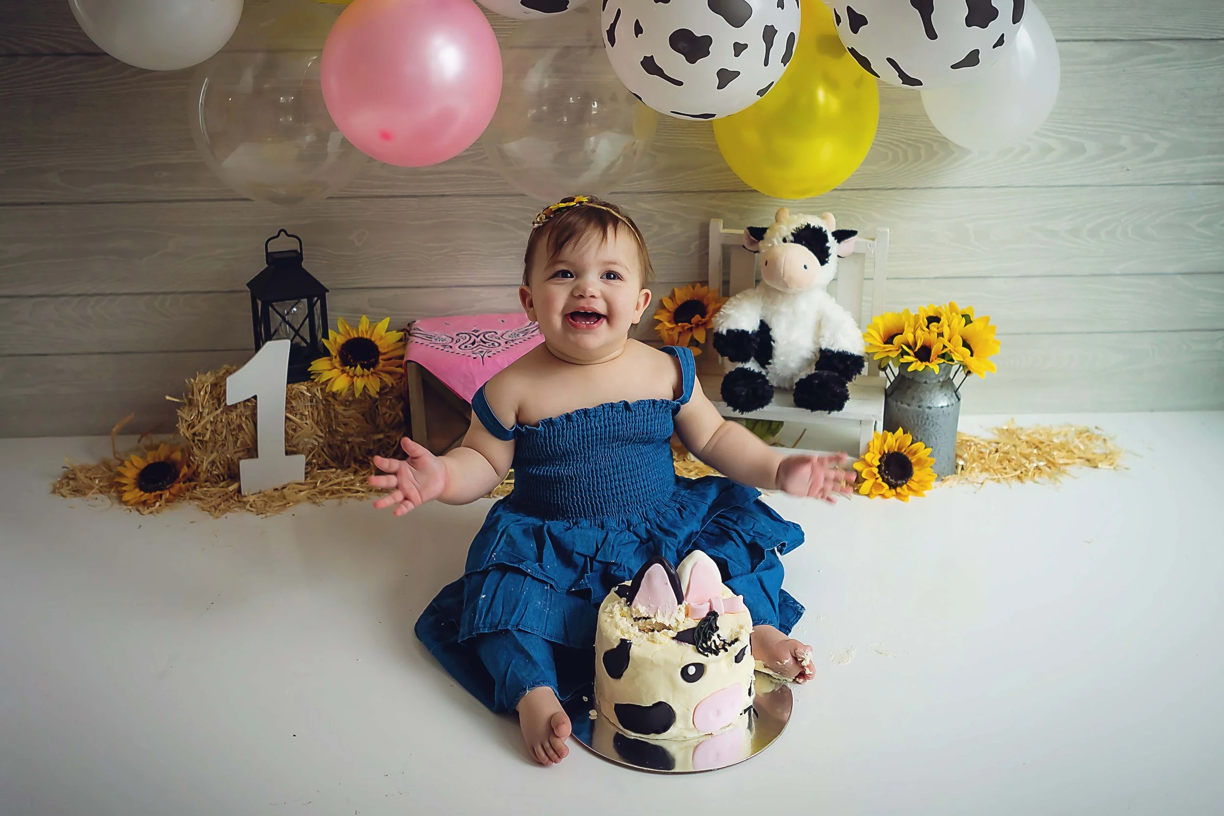 Baby girl dressed in denim dress and sunflower headband with cow cake and farm theme backdrop with pink, yellow and black and white balloons, sunflowers, pink handkerchiefs and hay