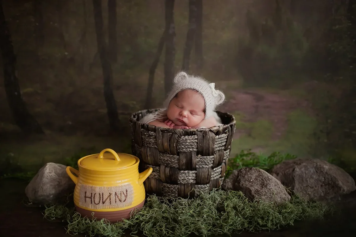 Newborn baby in basket with a knit bear bonnet on and a yellow honey pot next to them with the words "Hunny" from Winnie the Pooh.