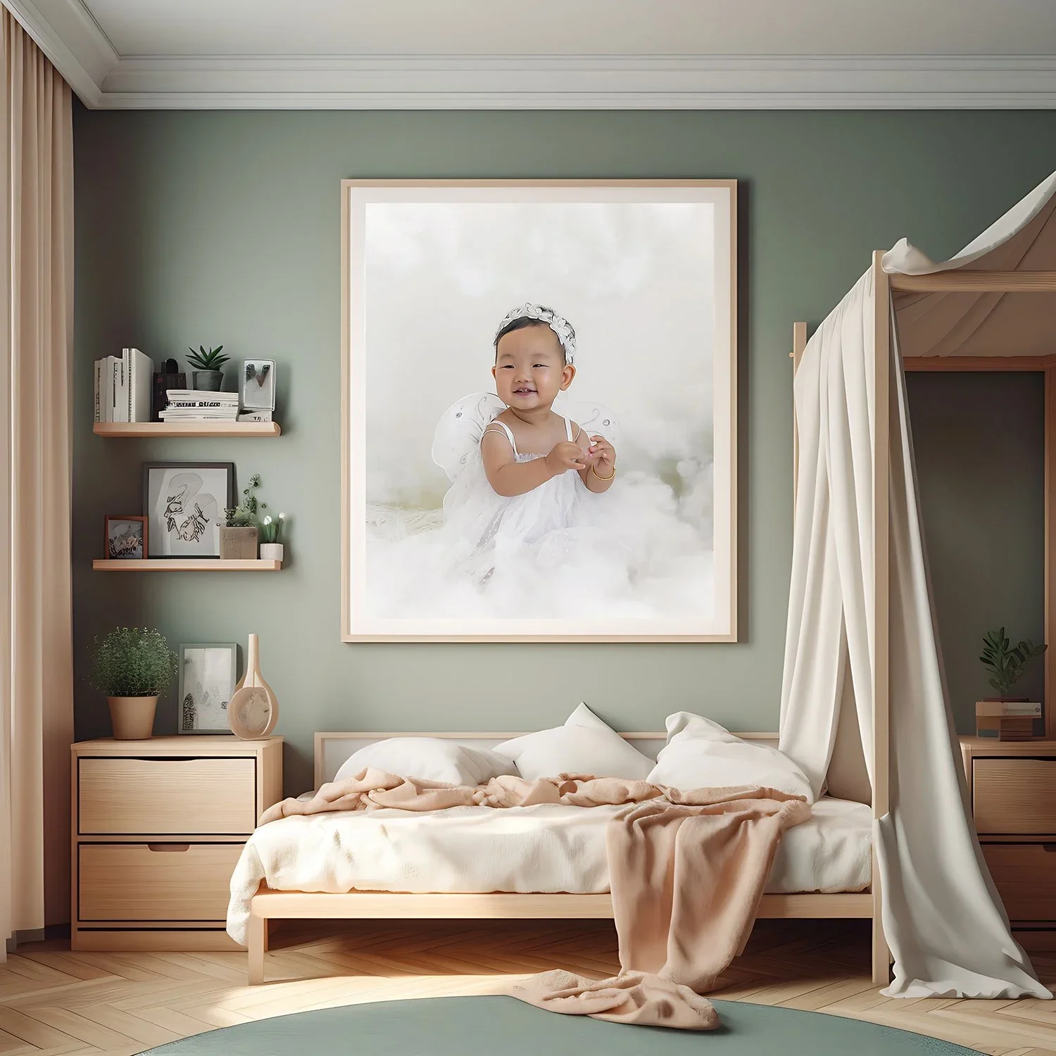 Baby milestone portrait displayed as framed wall art in a nursery, showcasing fine art milestone photography in Indianapolis.