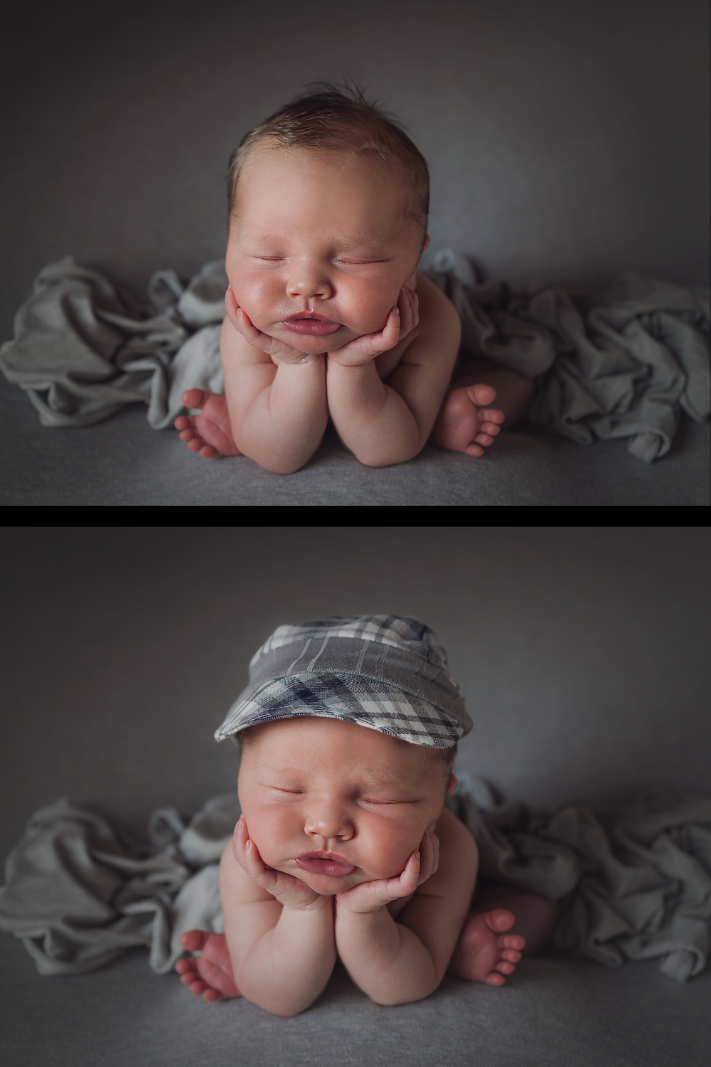 Newborn baby boy posed in froggy pose during his Indianapolis Newborn Session with Memory Lane Photography.