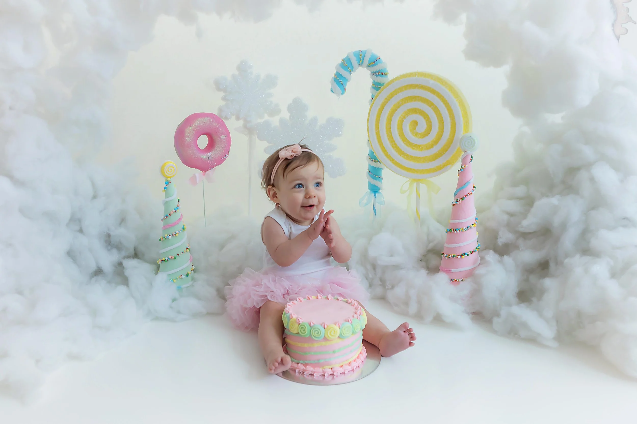 One year old baby girl posed with a pink tutu with sugar plum fairy decorations as a backdrop and a pink and pastel colored smash cake in front of her