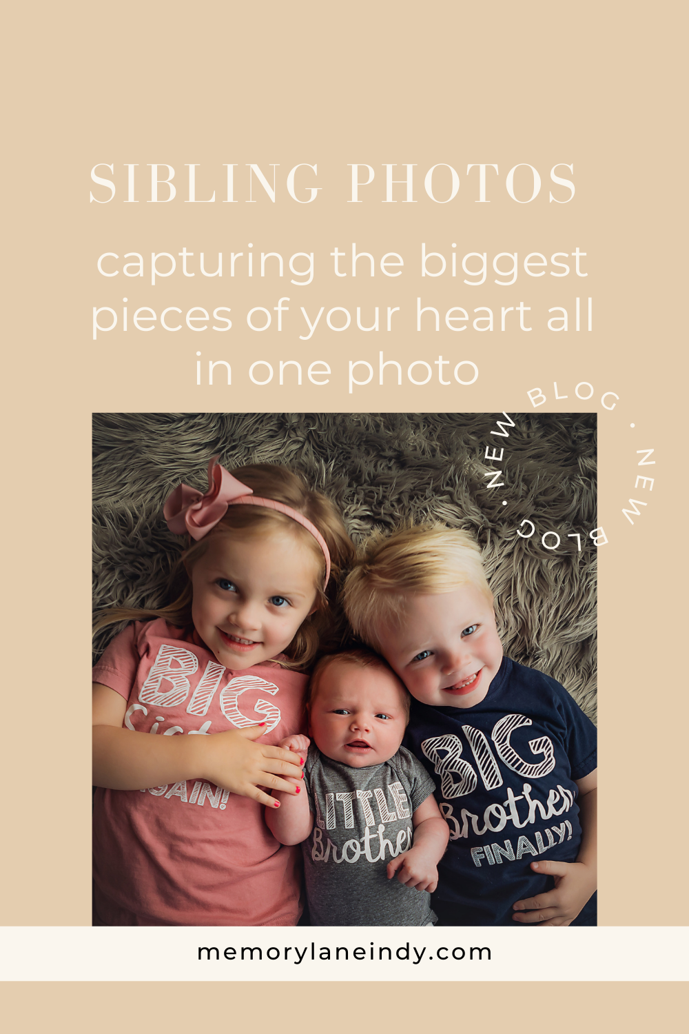 Newborn baby with his brother and sister all wearing cute shirts showing "Big Sister, Big Brother, and Little Brother" for them all.