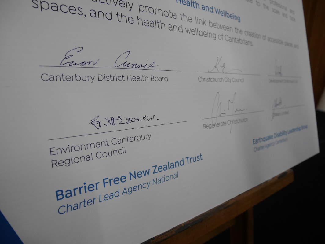 Foundation signatories of the Charter: Canterbury District Health Board, Christchurch City Council, Development Christchurch Limited, Environment Canterbury Regional Council, Ōtakaro Limited, and Regenerate Christchurch