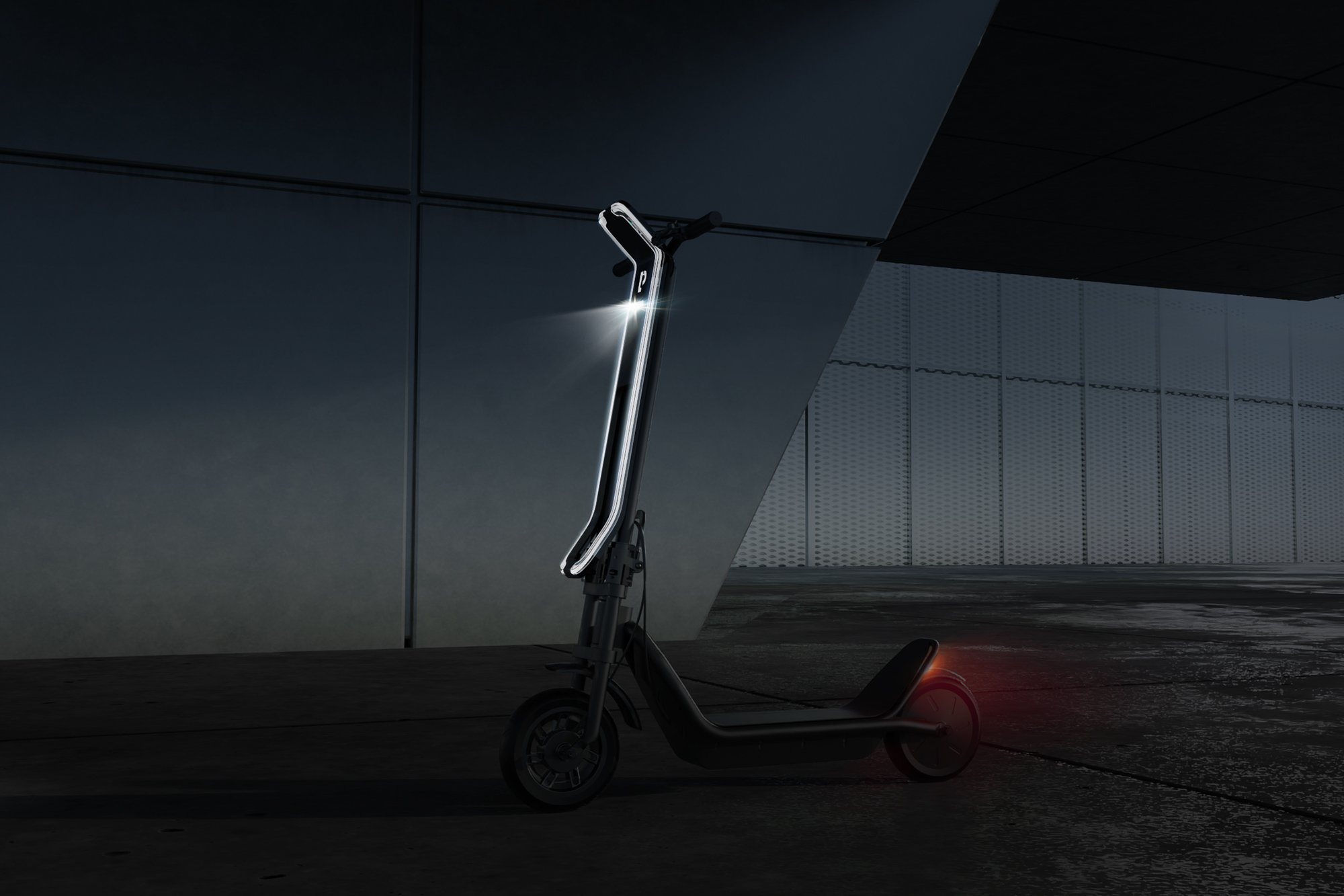 The electric Scooter Plume Allure by night with its saftey features its headlights