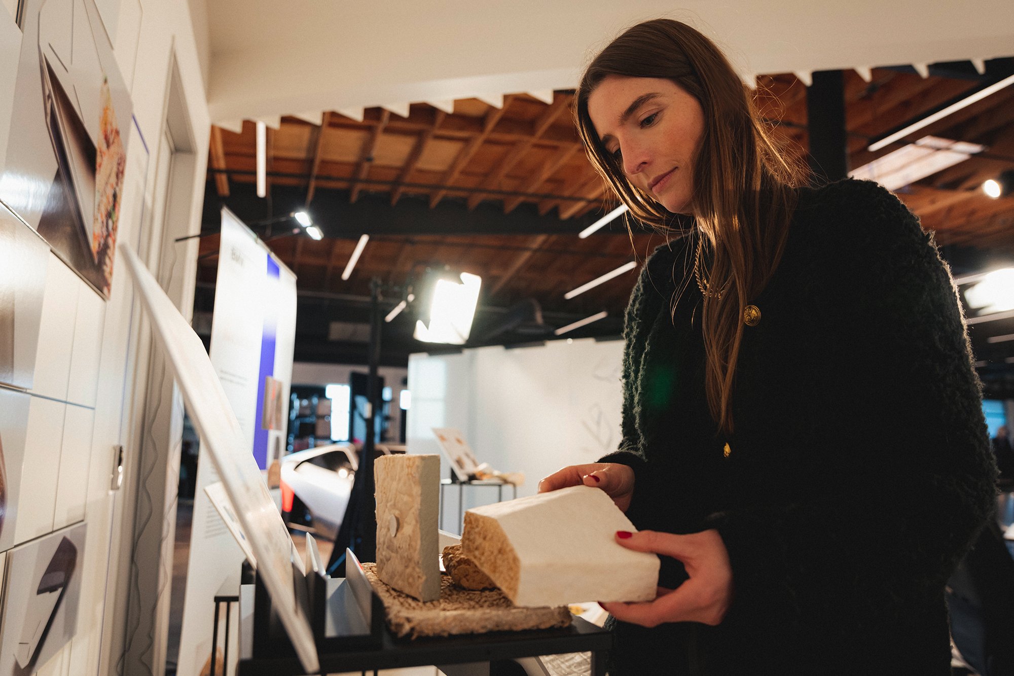 Britta Reineke, founder of ellectric looking at a new, recyclable material at Designworks studio in Los Angeles