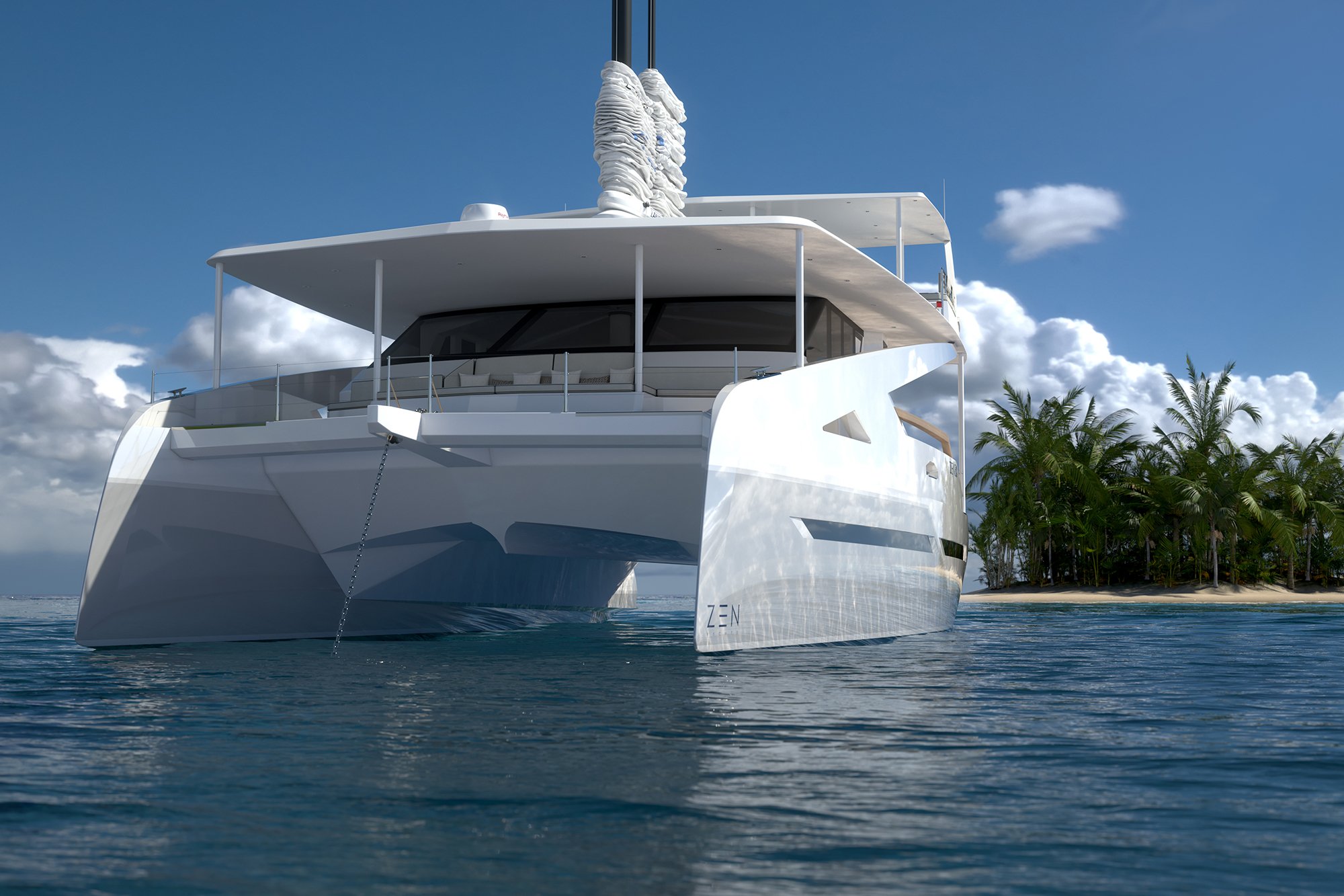 The design of the solar-powered ZEN50 Catamaran featuring an automated wingsail