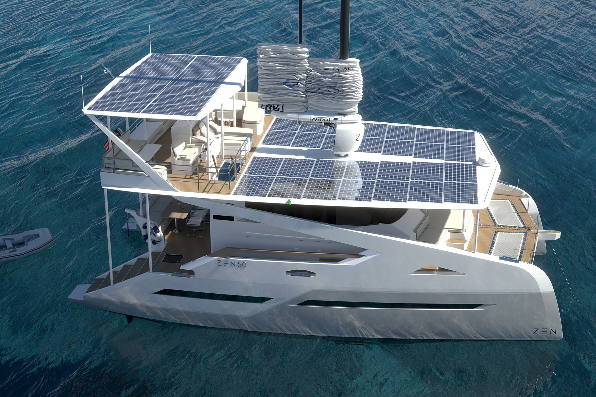 The design of the solar-powered ZEN50 Catamaran featuring an automated wingsail