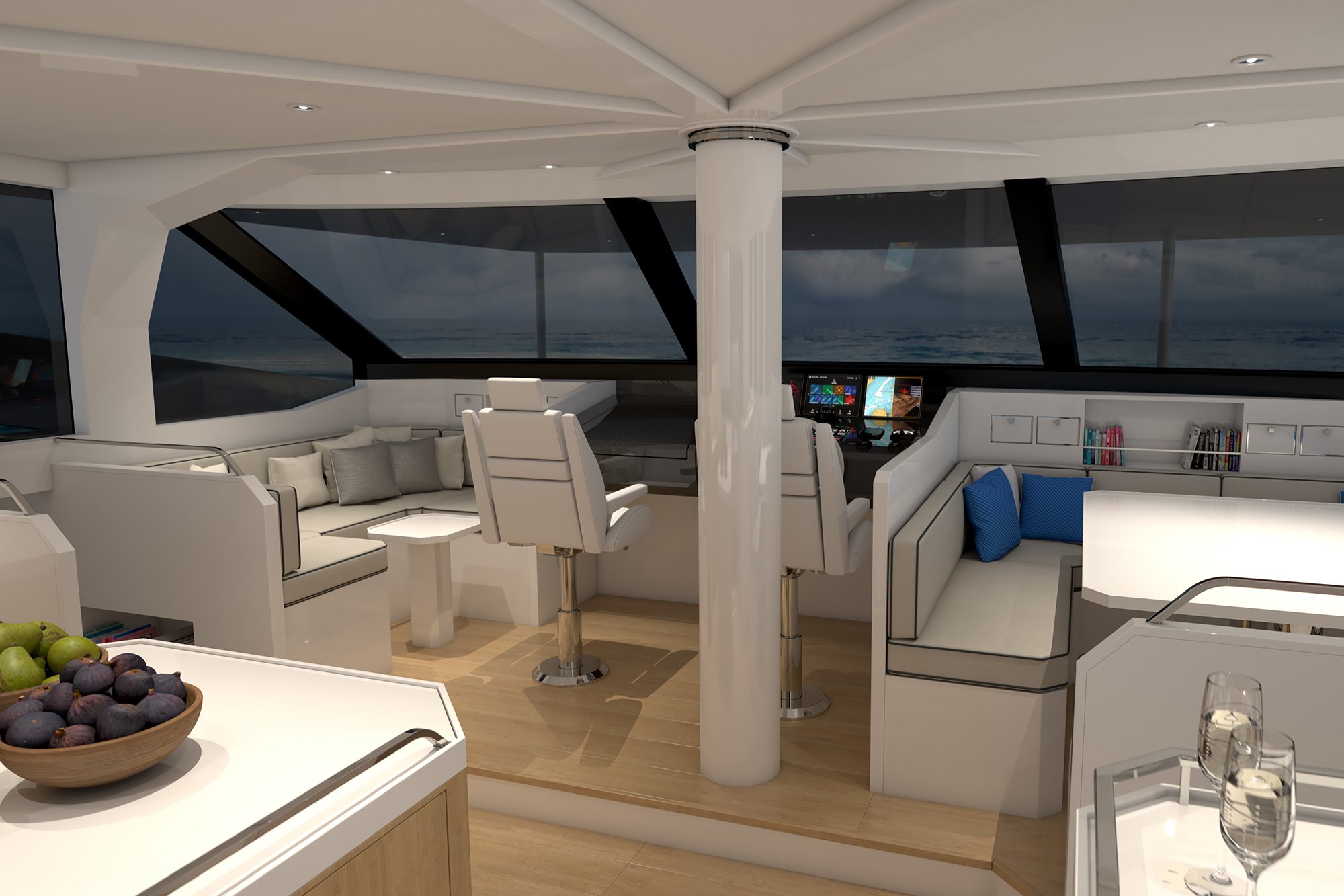 The interior design of the solar-powered ZEN50 Catamaran featuring an automated wingsail