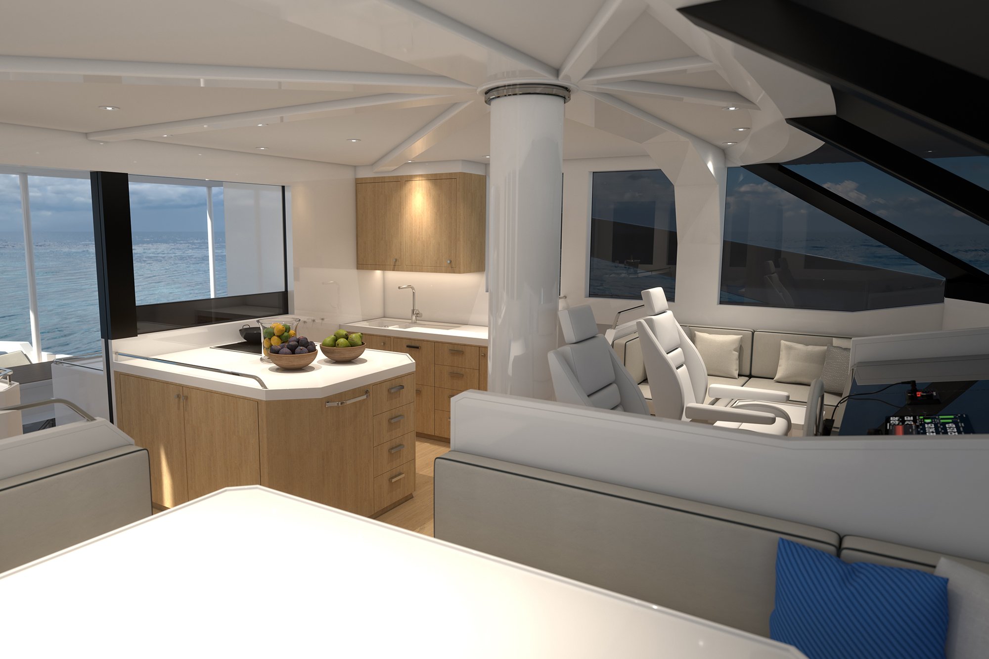 The interior design of the solar-powered ZEN50 Catamaran featuring an automated wingsail