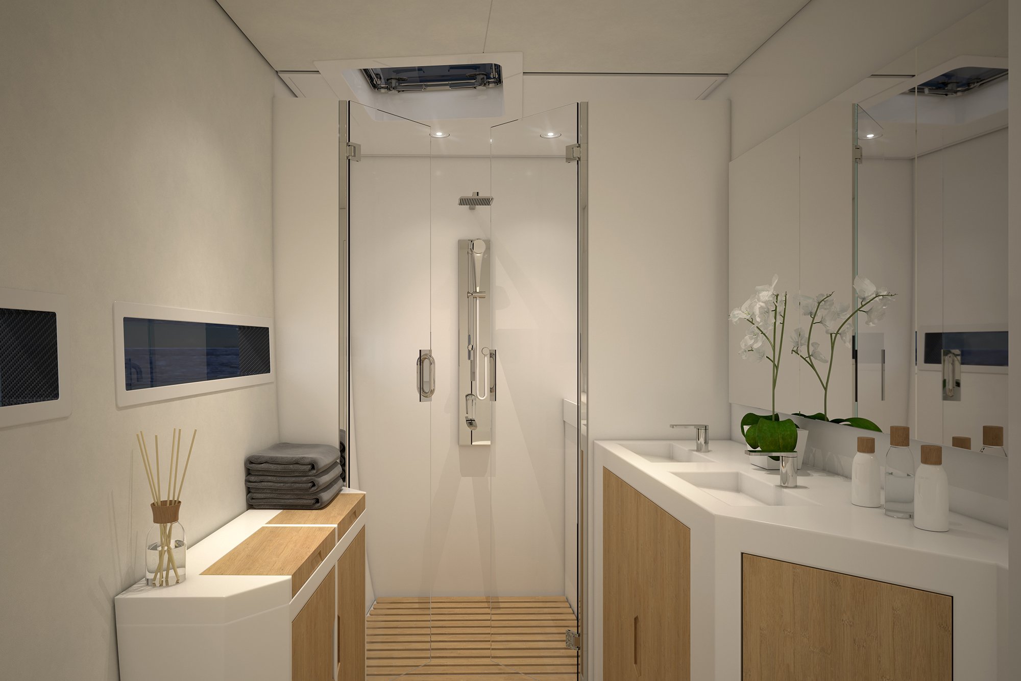 The interior design of the solar-powered ZEN50 Catamaran featuring an automated wingsail