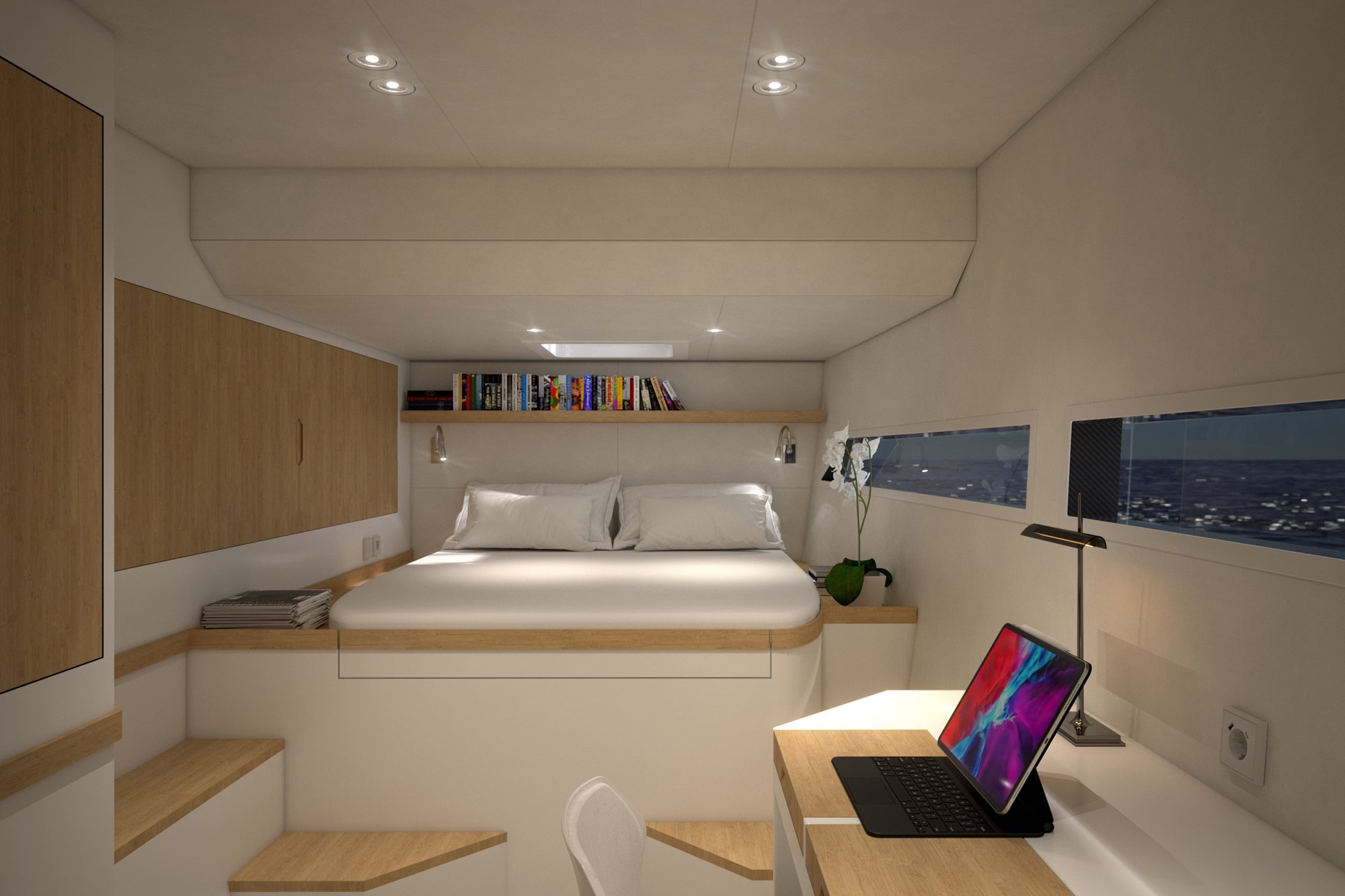 The interior design of the solar-powered ZEN50 Catamaran featuring an automated wingsail