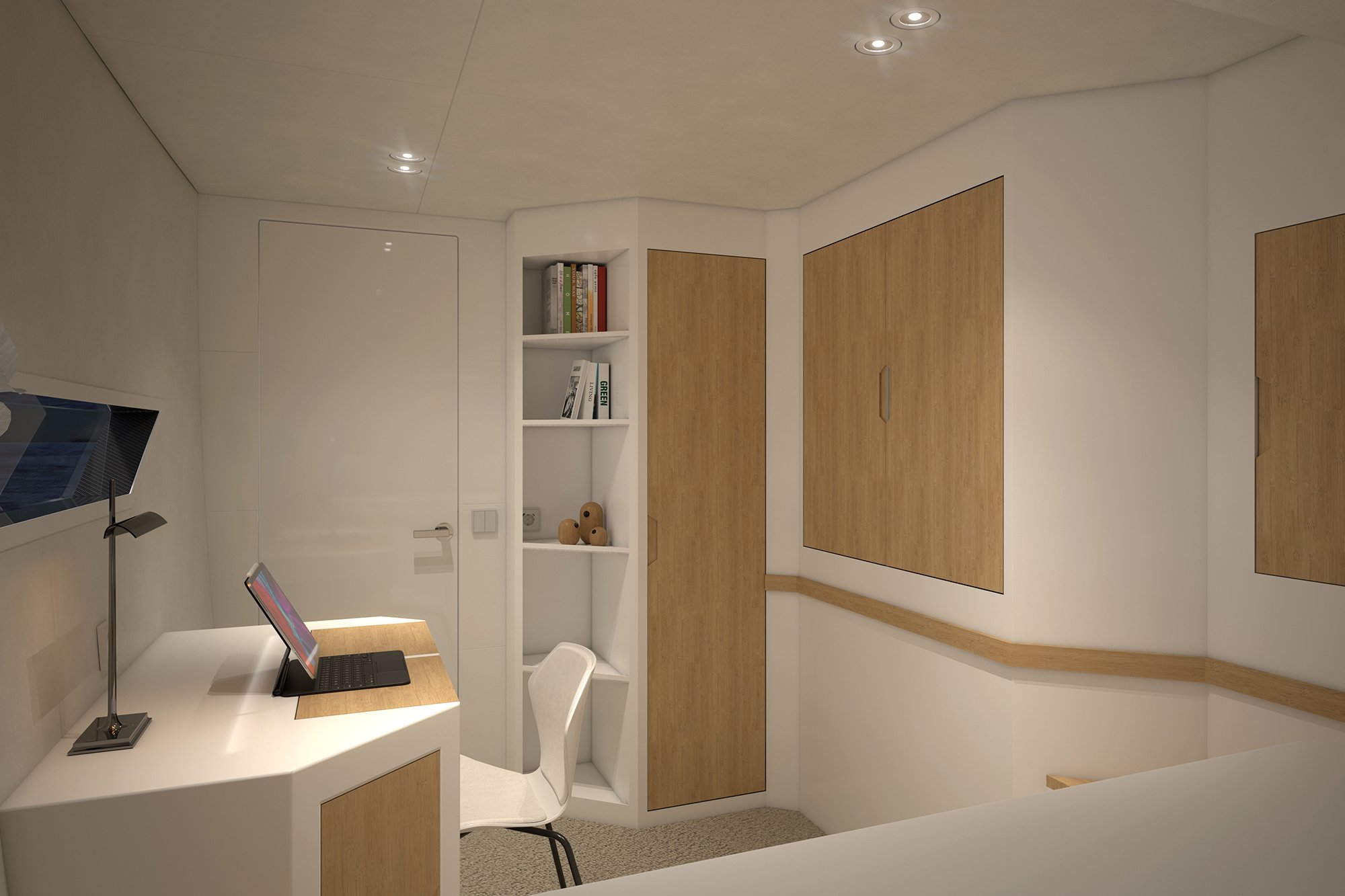 The interior design of the solar-powered ZEN50 Catamaran featuring an automated wingsail