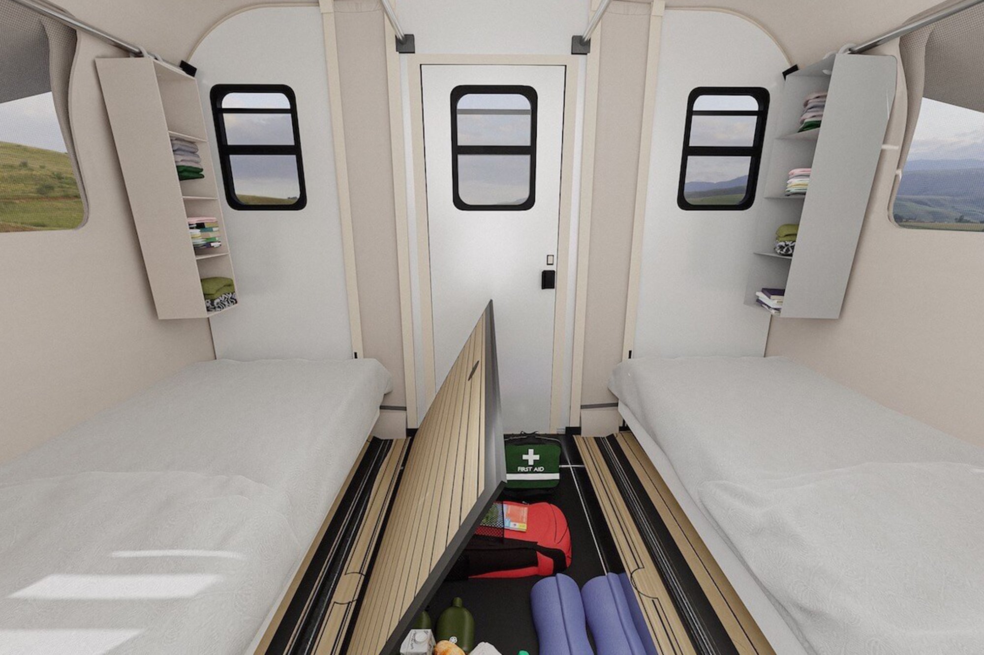 Interior design of world’s first folding camping cabin by Camp365 for Tesla Cybertruck