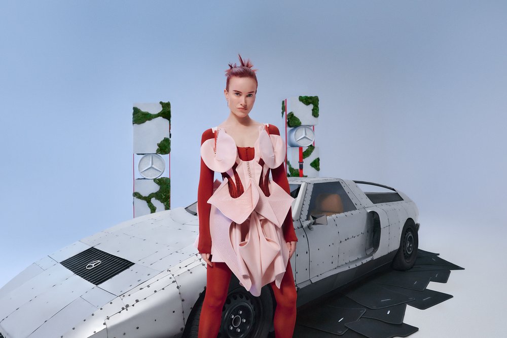 Mercedes-Benz collaborates with fashion designer to upcycle car materials and showcases these in a campaign with 'C111' artwork by Michael Sailstorfer