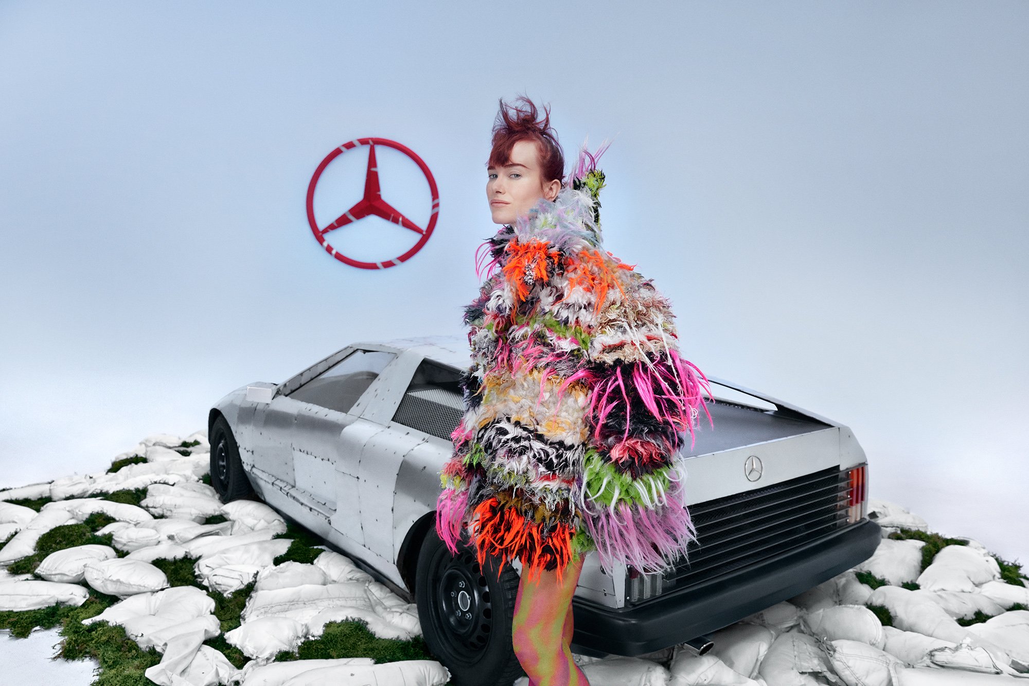 Mercedes-Benz collaborates with fashion designer to upcycle car materials and showcases these in a campaign with 'C111' artwork by Michael Sailstorfer