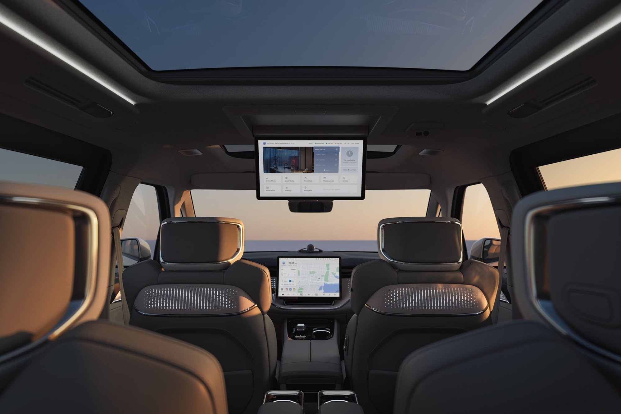 The spacious and luxurious interior design of the all-electric Volvo EM90