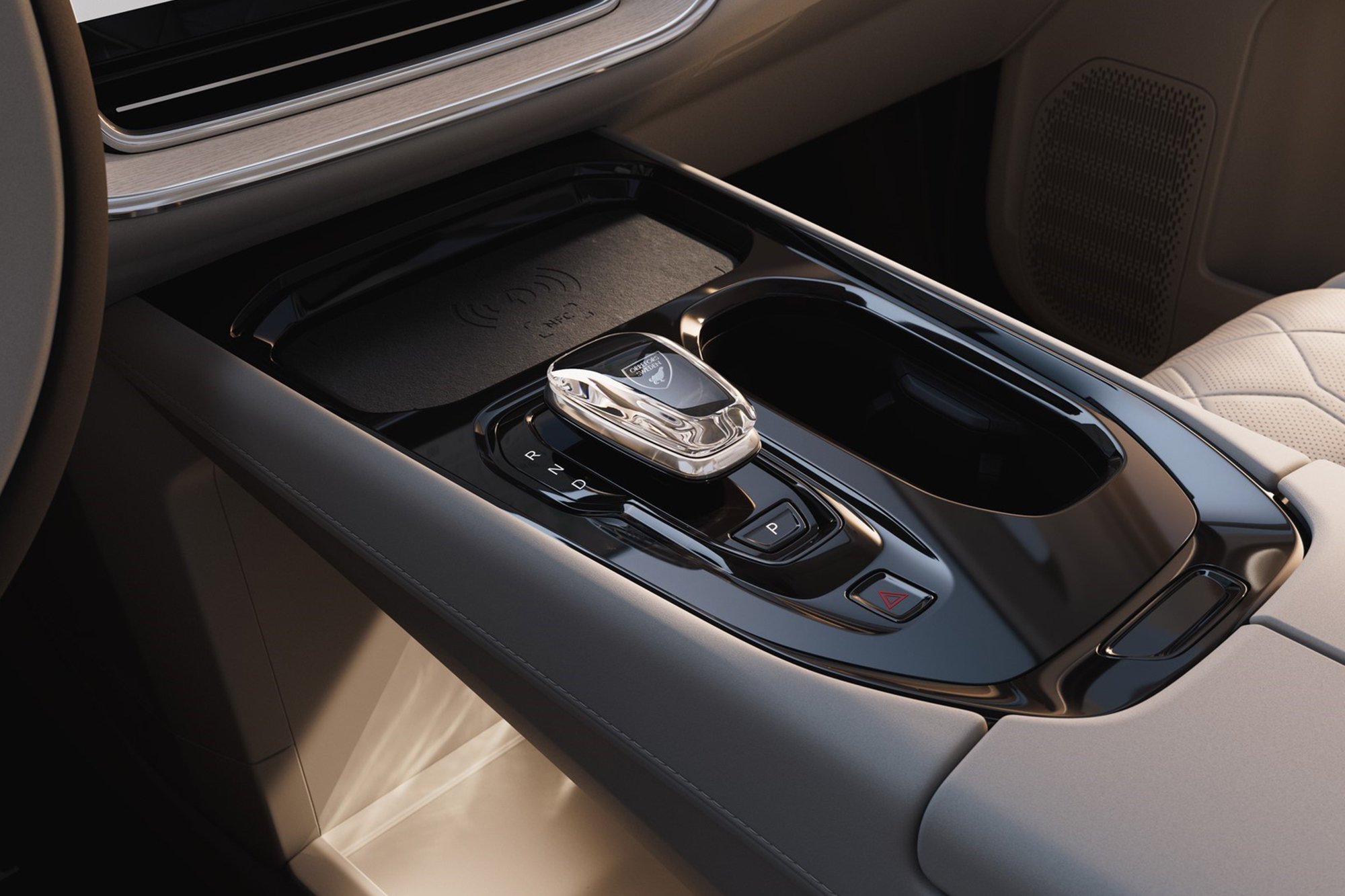 The exquisite Scandinavian interior design with Orrefors crystal gear shifter of the Volvo EM90