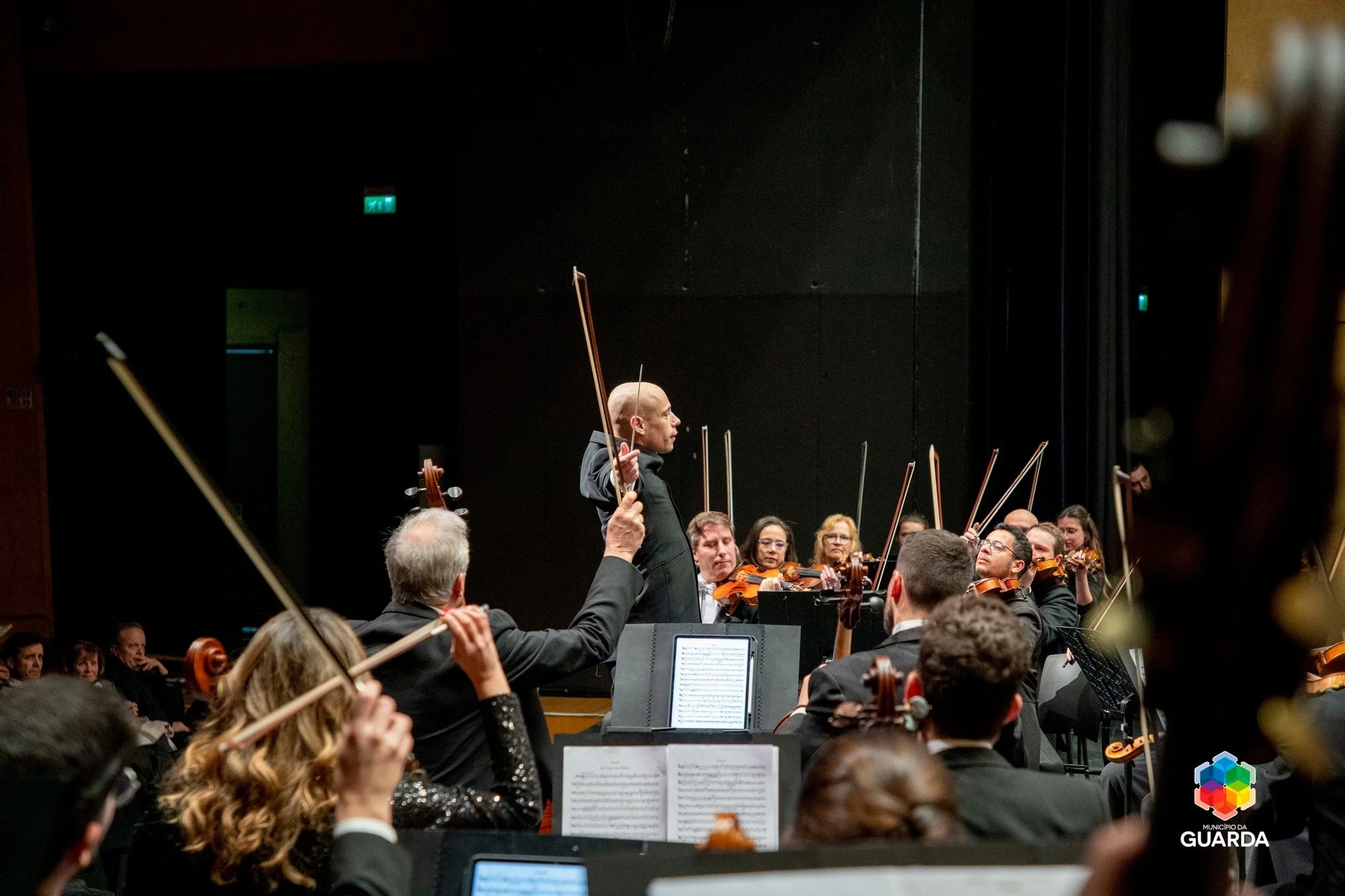 Orchestra performing on stage with conductor leading and musicians playing string instruments.