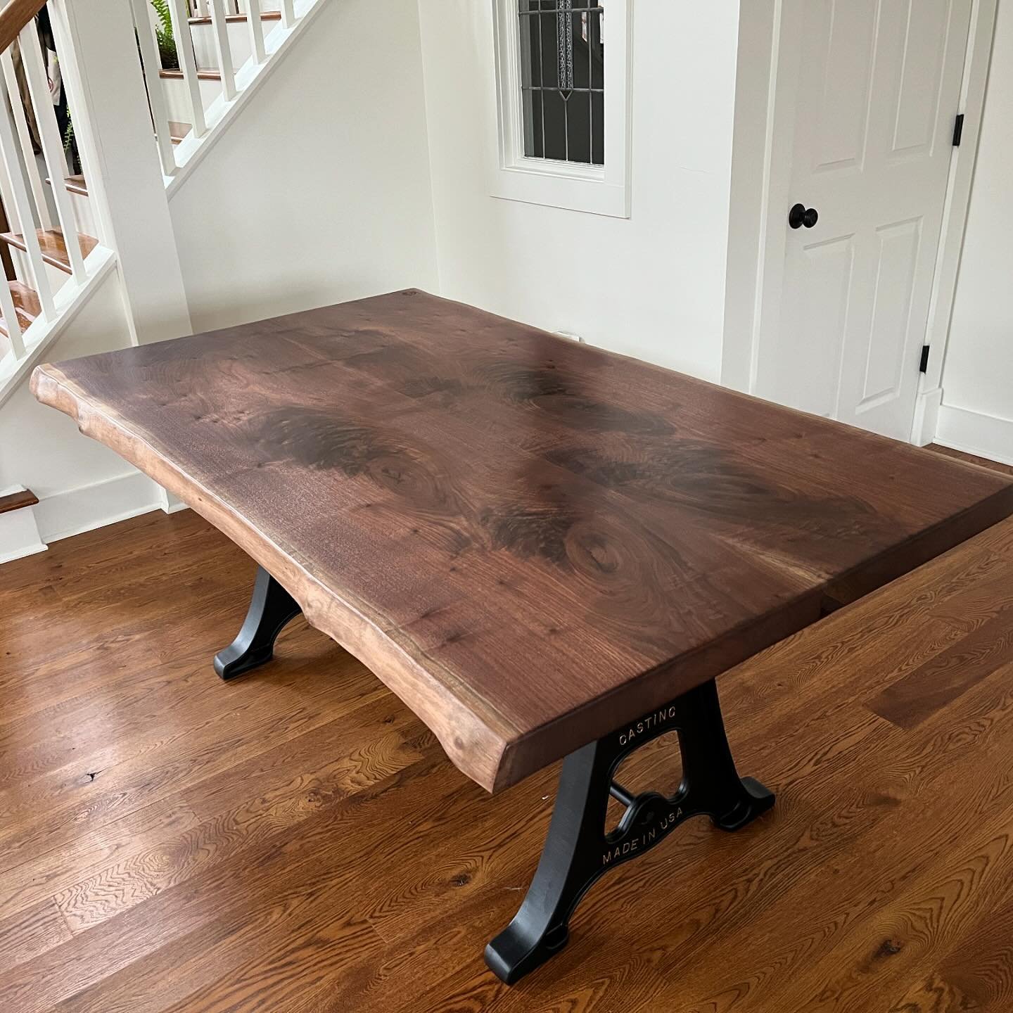 Busy week!  Another beautiful book-matched walnut table on our most popular base with an action install shot&hellip; #colonialfarmhouse #diningtable #locallysourced #liveedgefurniture #happyvalley #magicresin