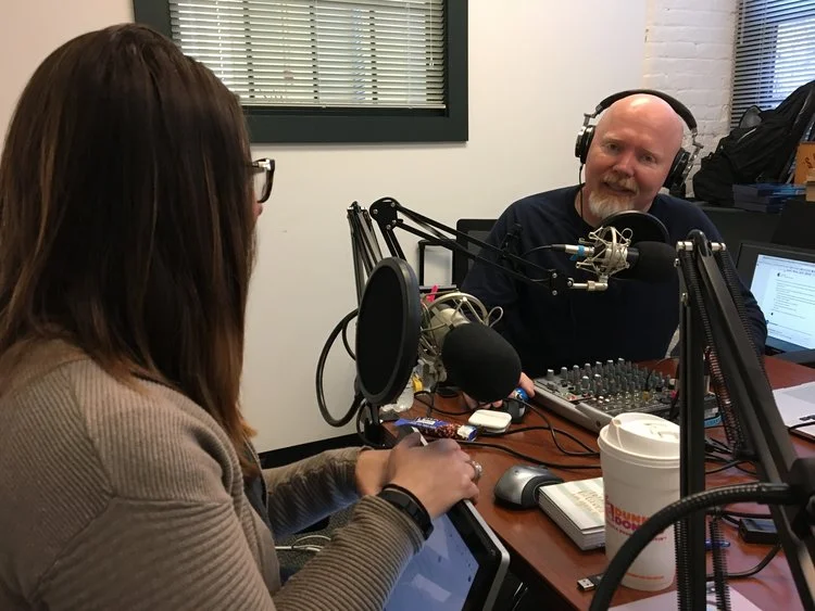 Bill, Alicia, and I recording our first podcast. Look at all that cool tech!