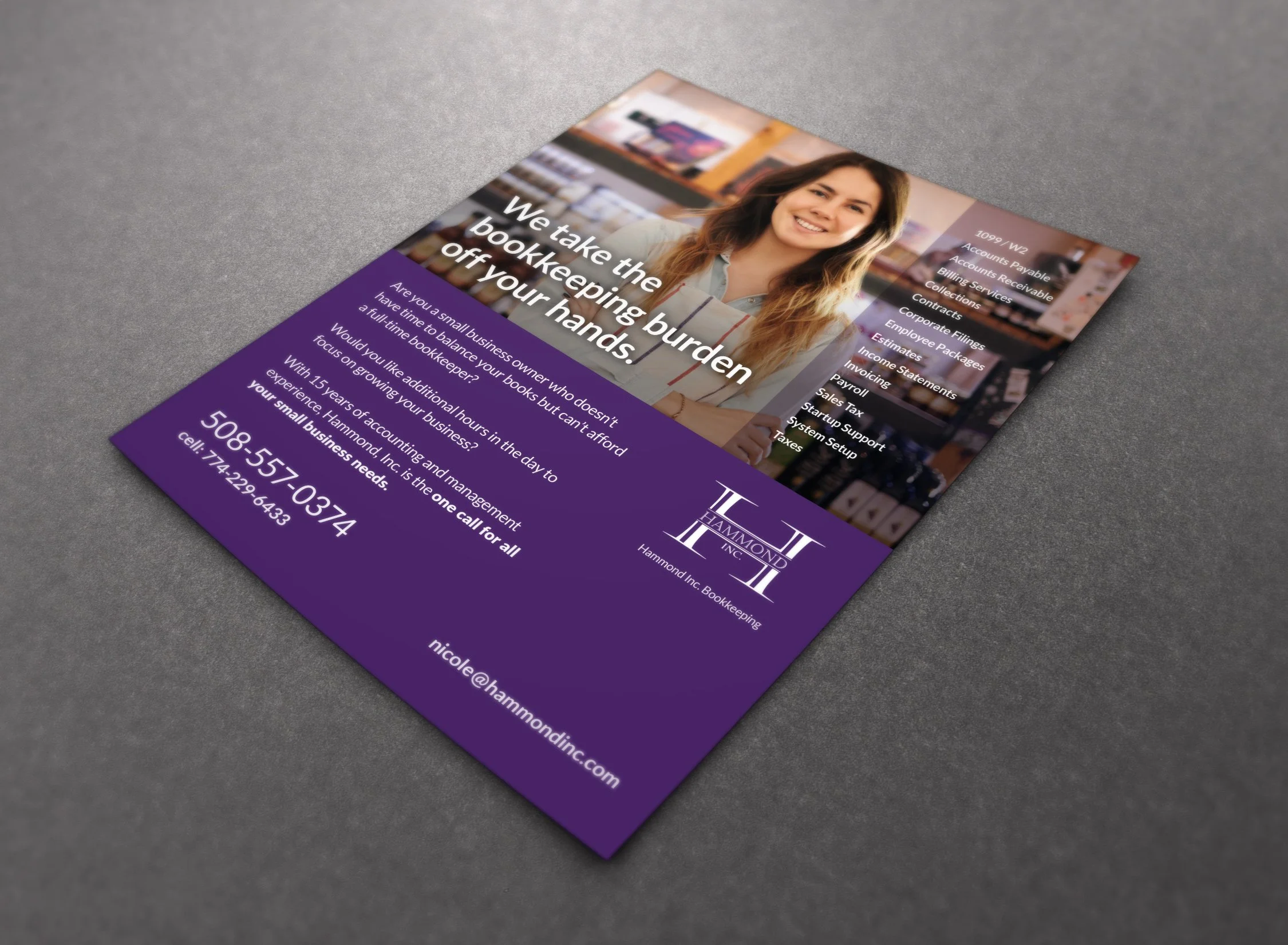 A flyer from Hammond Inc. Bookkeeping featuring a smiling woman in a setting that appears to be an office or bookstore. The flyer states, 'We take the bookkeeping burden off your hands.' It lists services like accounts payable, receivables, payroll, and taxes, with contact information including a phone number and email address.