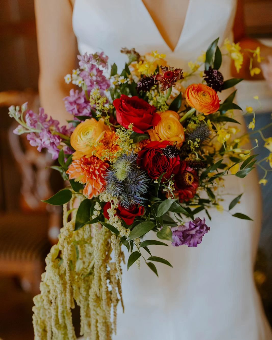 Can we have a little 🌟 commotion ✨  for the bouquet, please?... A beauty filled with amaranth, ranunculus, thistle, dahlia, orchids, zinnia, stock flower, and lisianthus.